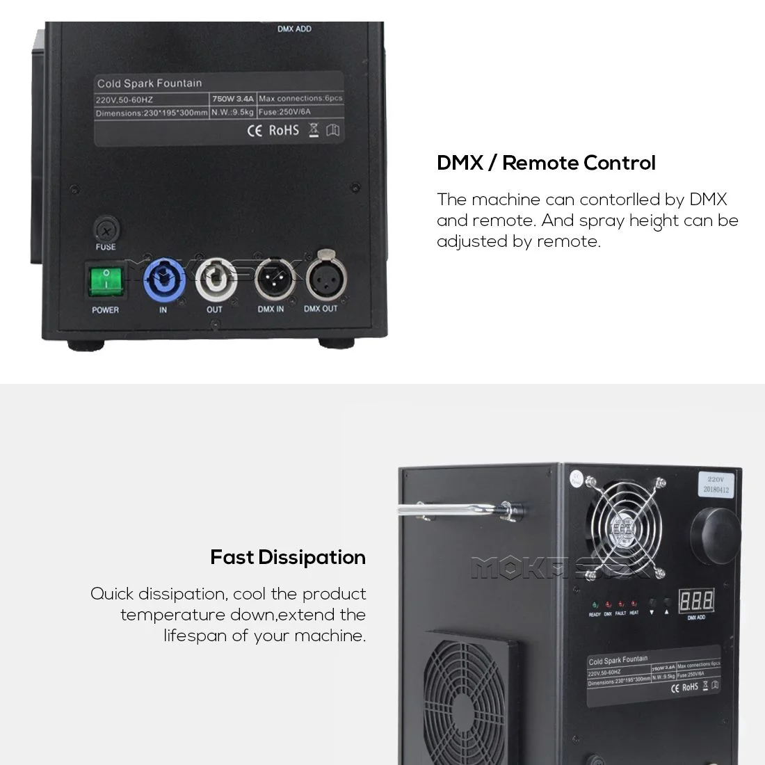 MOKA SFX Cold Spark Machine 750w DMX Remote Stage Cold Sparkler Fountain for Wedding Party Indoor/Outdoor