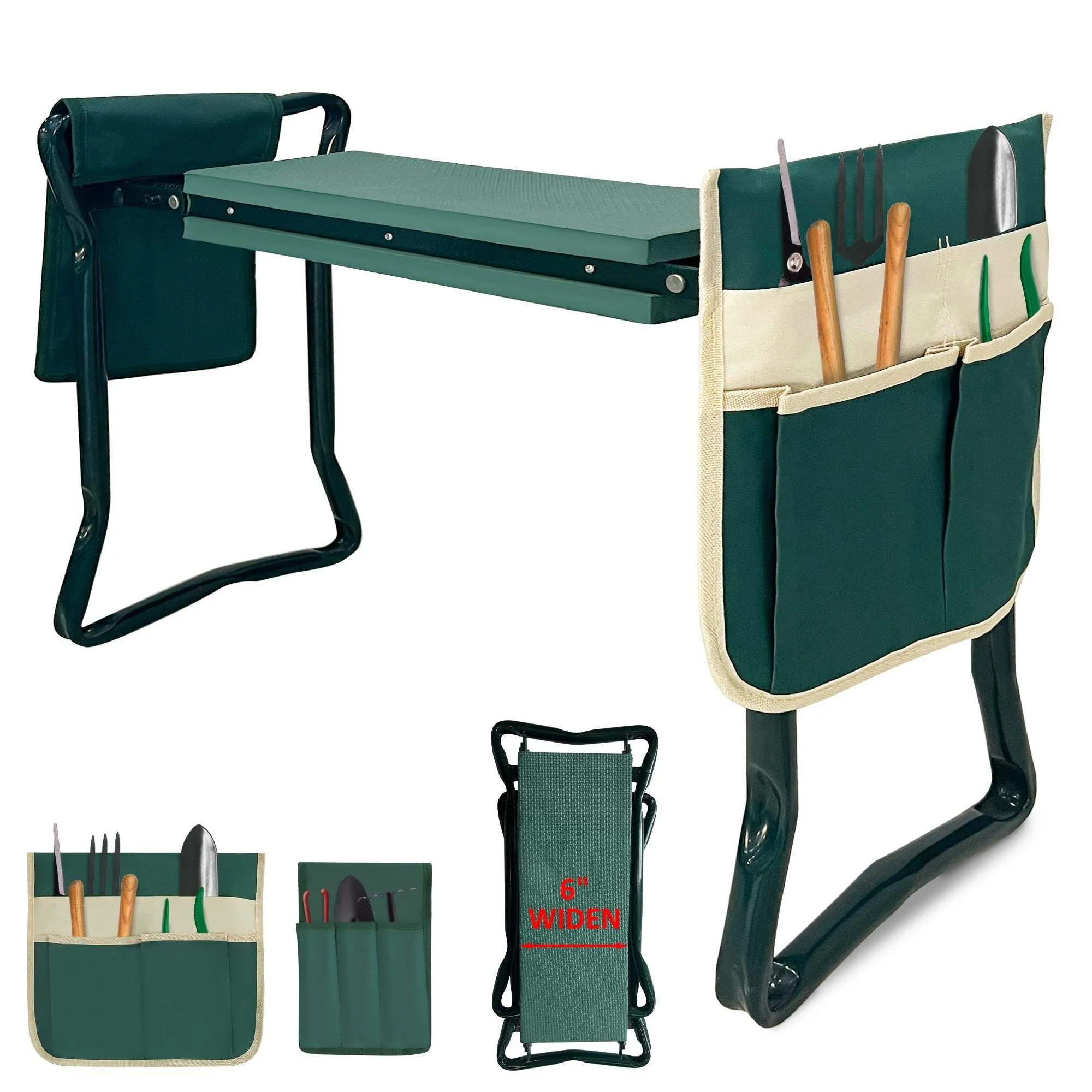 Foldable Garden Kneeler with Tool Pouches - Green - Make Gardening Easy