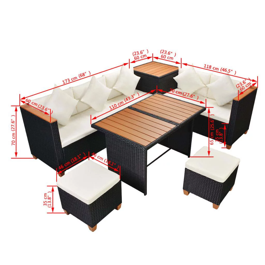 OWSOO 7 Piece Garden Set with Cushions Poly Rattan Black