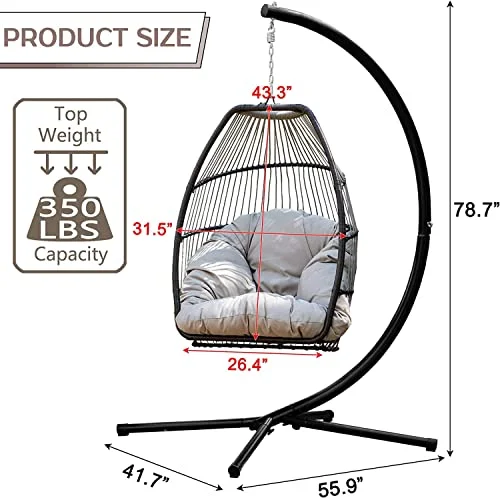 Hanging Egg Swing Chair Outdoor Hammock Chair with Stand, Wicker Rattan Patio Swing Egg Chair, Outdoor Swings for Adults, Swing Chairs for Outside, Hanging Chair for Patio, Bedroom, Garden and Balcony