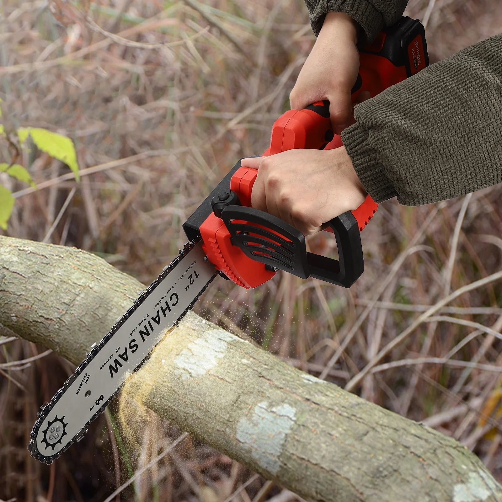 21V 12 Inch Cordless Chainsaw with Battery and Charger, Portable Handheld Battery Powered Electric Chain Saw for Tree Branches Camping