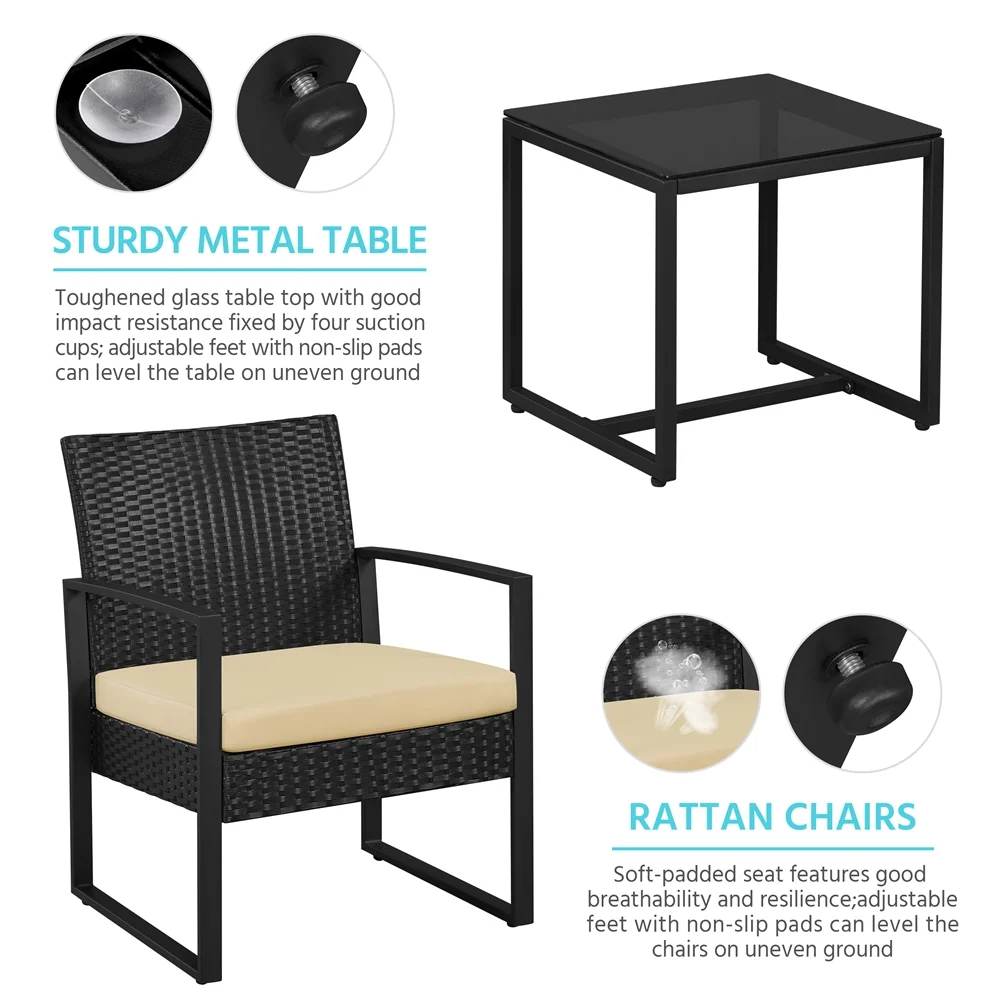 Yaheetech Modern 3-piece Patio Rattan Chairs & Table Set with Cushions, Black/Khaki