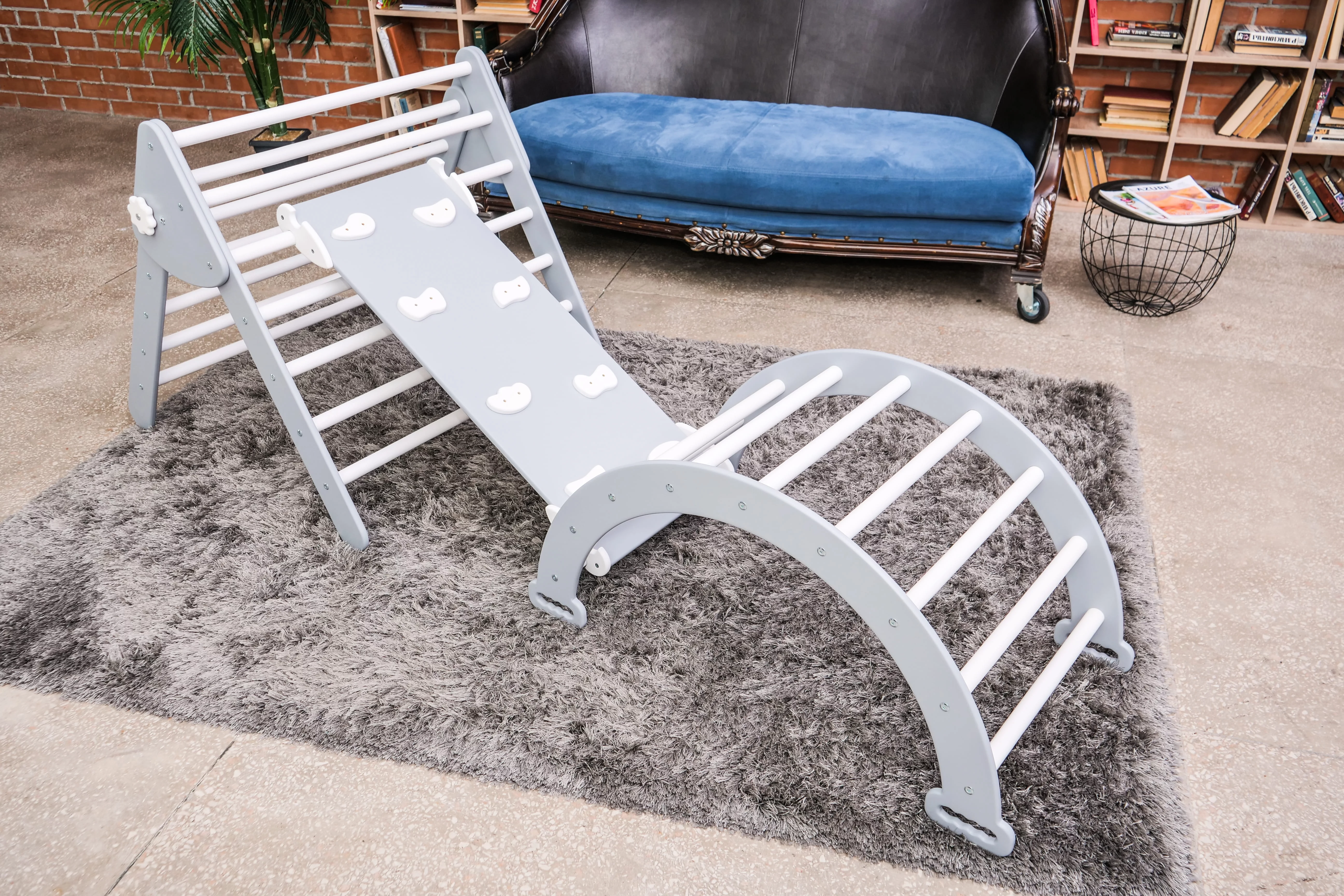 Woodandhearts Inner gym: Ladder, Triangle and Climbing Arch, Playing Set, Gray and White color, Standard size, for Kids 2-6 years