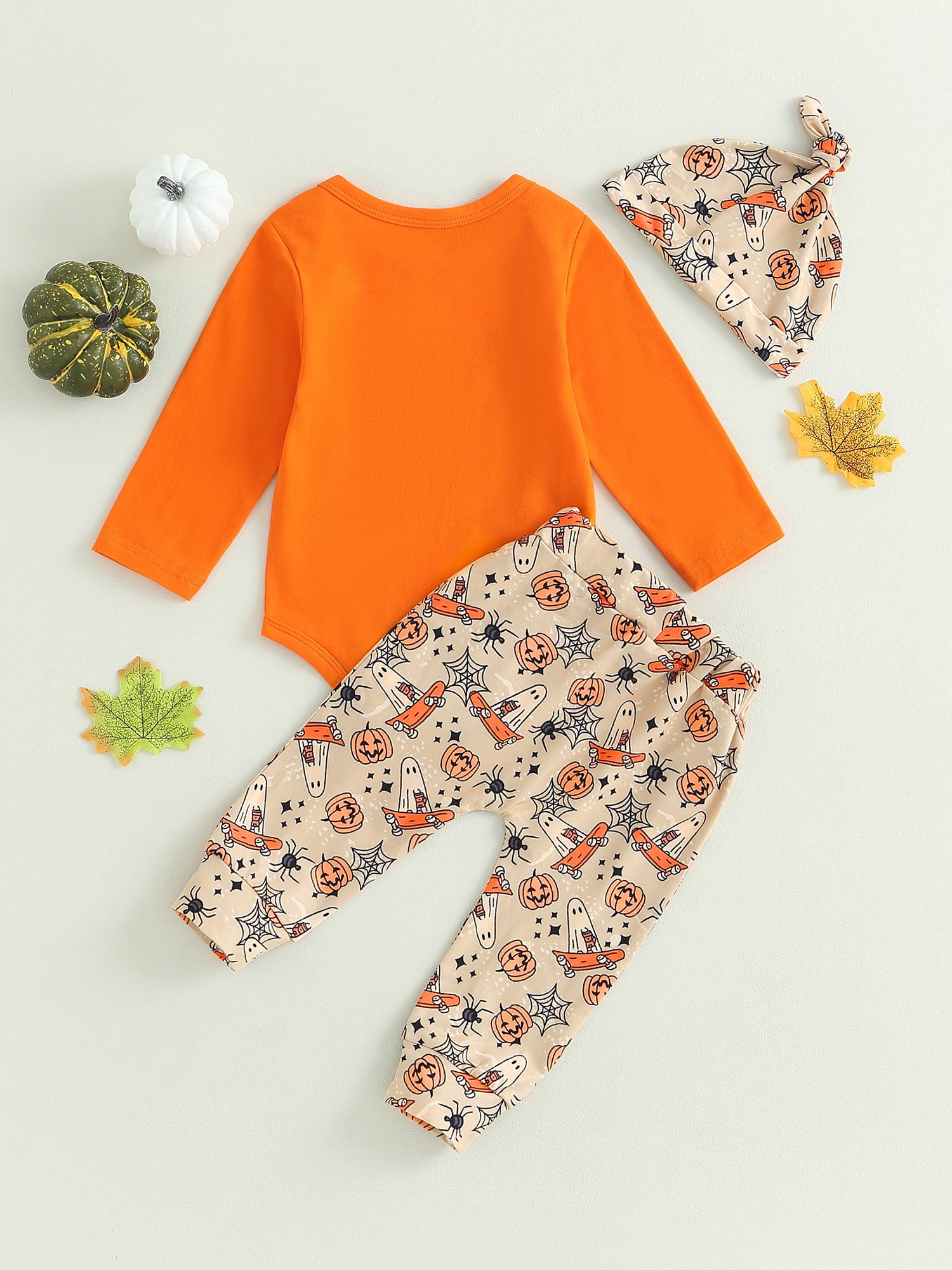 3Pcs Halloween Clothes Infant Baby Boys Casual Pants Set Long Sleeve Letters Print Romper with Pumpkin Print Sweatpants and Hat