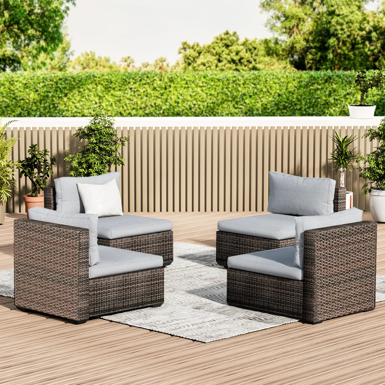 Grezone 4 Pieces Patio Furniture Set, All Weather Outdoor Sectional PE Rattan, Patio Conversation Sets with Cushions and Glass Coffee Table for Garden Lawn Balcony Porch Deck, Gray