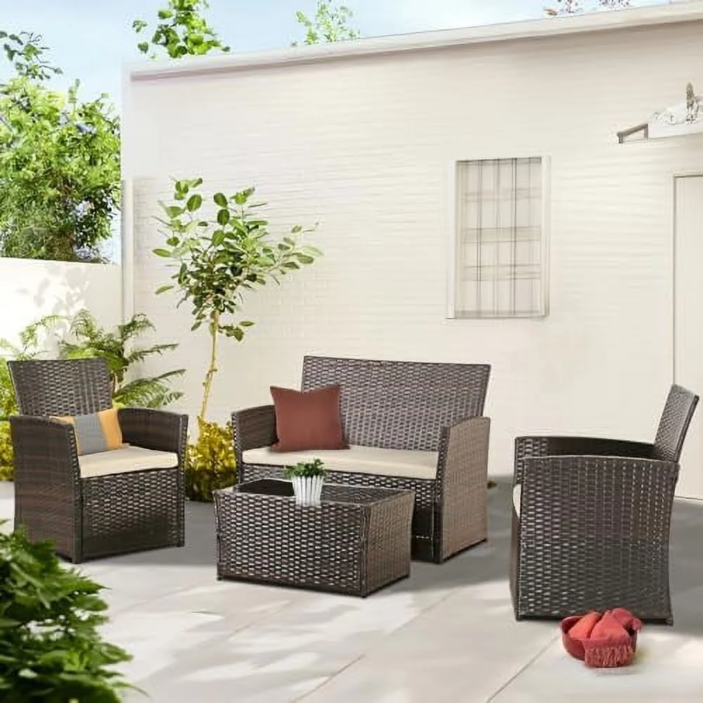 MQLIFEBOOM Patio Outdoor  4 Pieces Sectional Sofa Set Balcony  Wicker Rattan Chairs with Table and Loveseat for Garden  Porch  Backyard  Gray Wicker/Gray Cushion