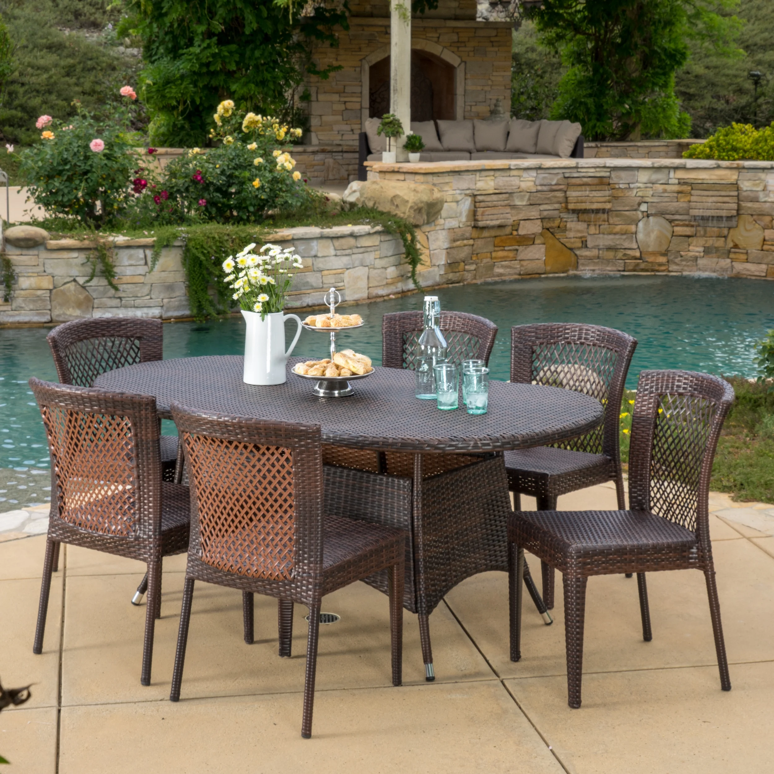 Cisneros 7 Piece Oblong Wicker Dining Set, Multibrown