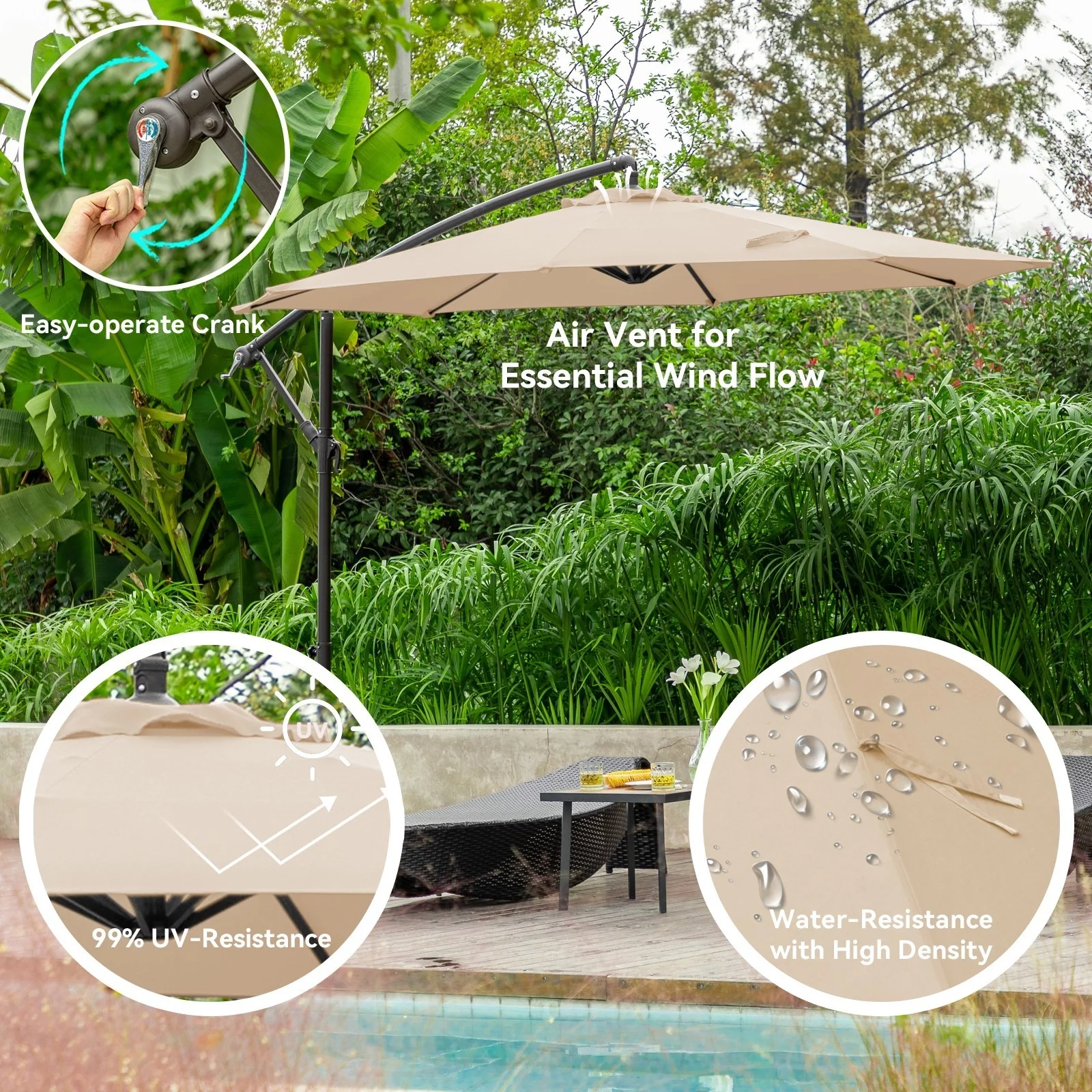 Serwall 10ft Heavy Duty Patio Hanging Offset Cantilever Patio Umbrella W/ 4-Piece Base Included Included, Beige