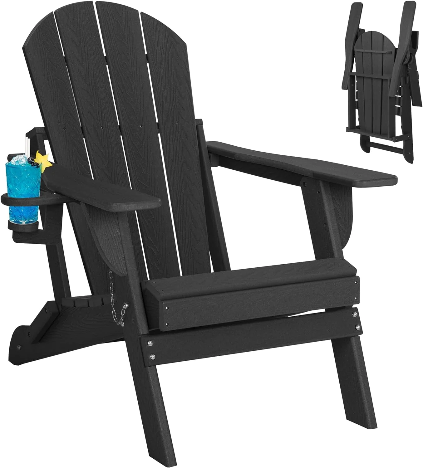 Folding Adirondack Chair, Patio Chair with Cup Holder, Wood Texture Fire Pit Chair, Heavy Duty HDPE Weather Resistant for Outdoor Lawn Porch Garden Backyard Deck (Black)