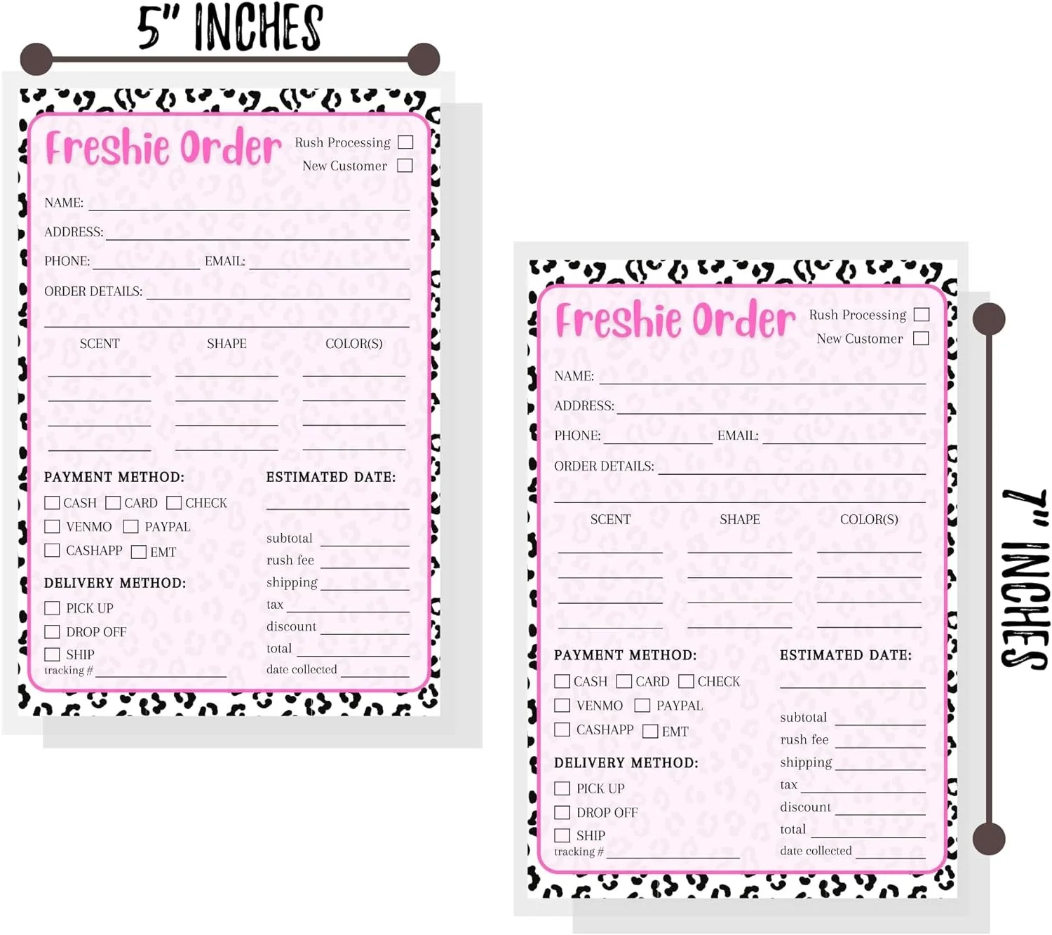 Freshie Order Form  50 pk 5x7 Scent Label for Customer Re-Orders Bulk Leopard and Pink for Custom Orders Sheet Care Instructions
