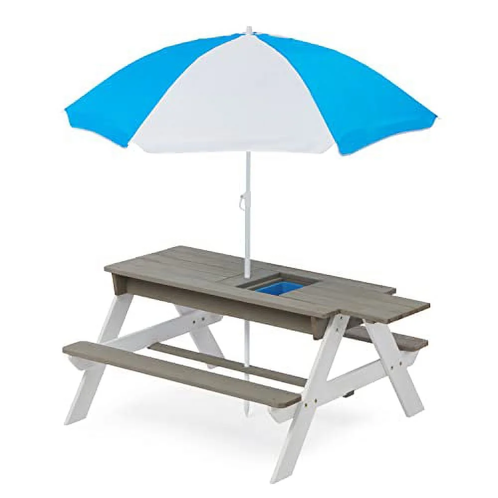 Kids Sand and Water Table, Wood Outdoor Picnic Table & Chair Set w/Umbrella for Backyard Play