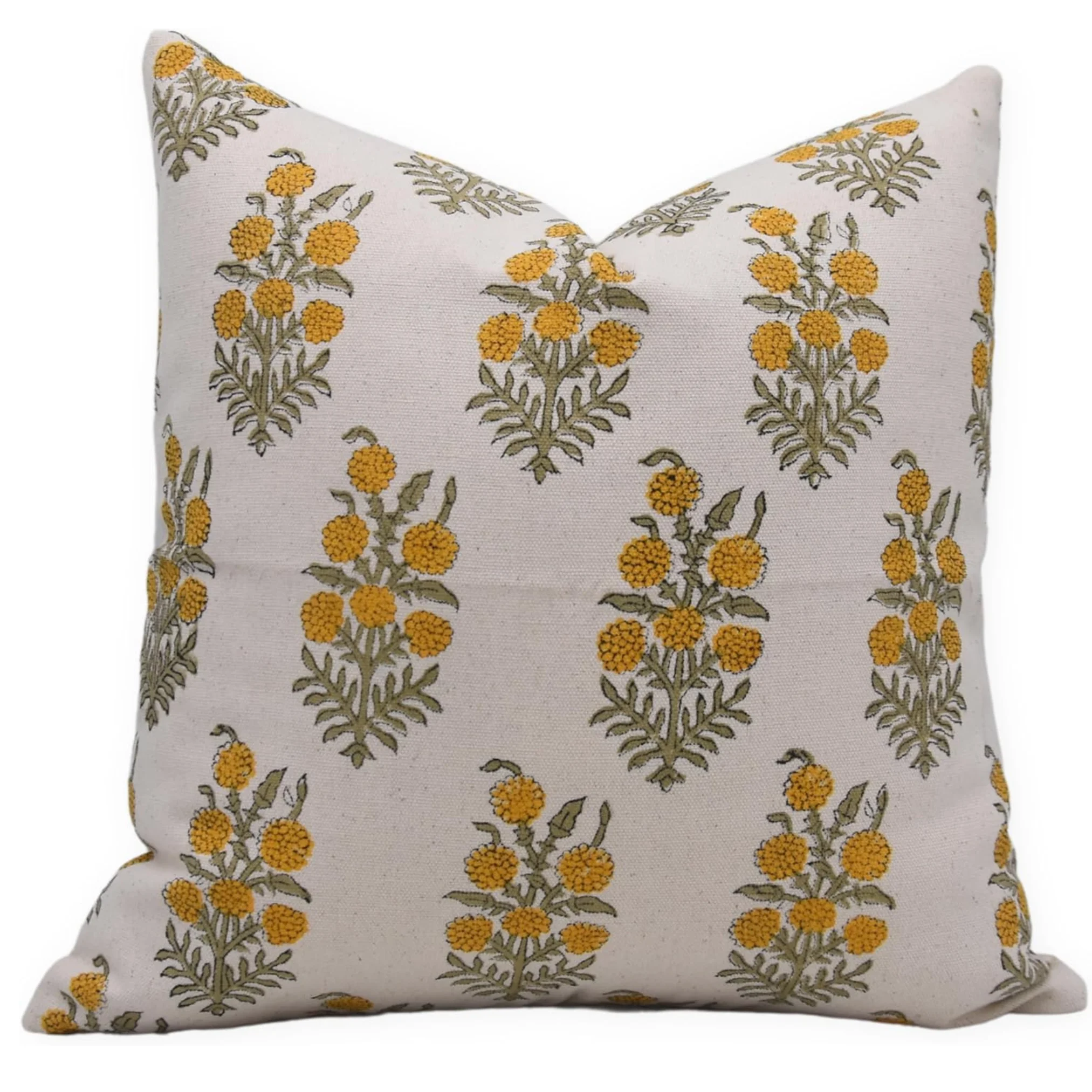 Fabdivine Block Print Throw Pillow Cover, 14x14 Inch Duck Canvas Decorative Cushion Cover, Floral Print Boho Design Mustard Pillow Cover for Sofa and Couch