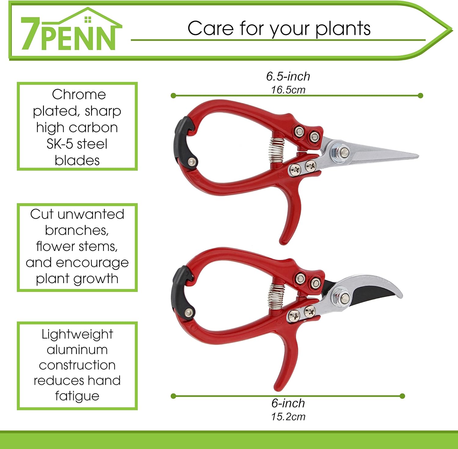 Garden Pruning Shears - 2pc Straight and Curved Blade Gardening Hand Tools with Red Ergonomic Grip Handles