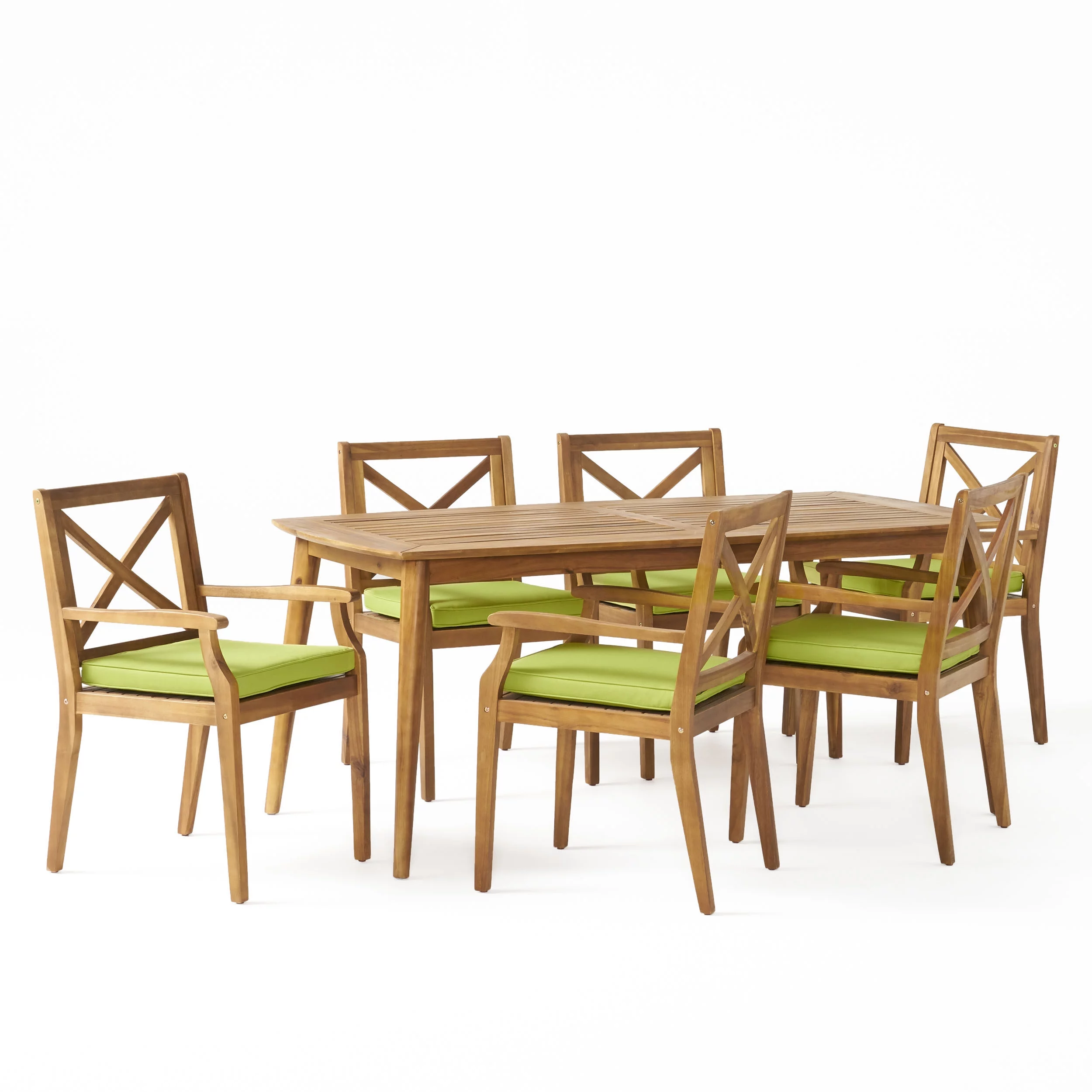 GDF Studio Marvin Outdoor 7 Piece Acacia Wood Dining Set, Teak and Green