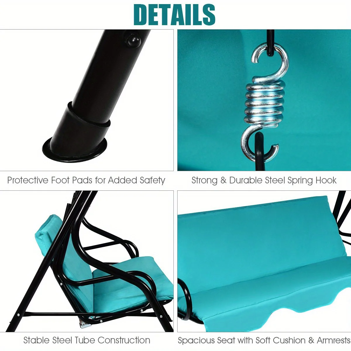 Patio 3 Seats Canopy Swing Glider Hammock Cushioned Steel Frame Backyard Blue