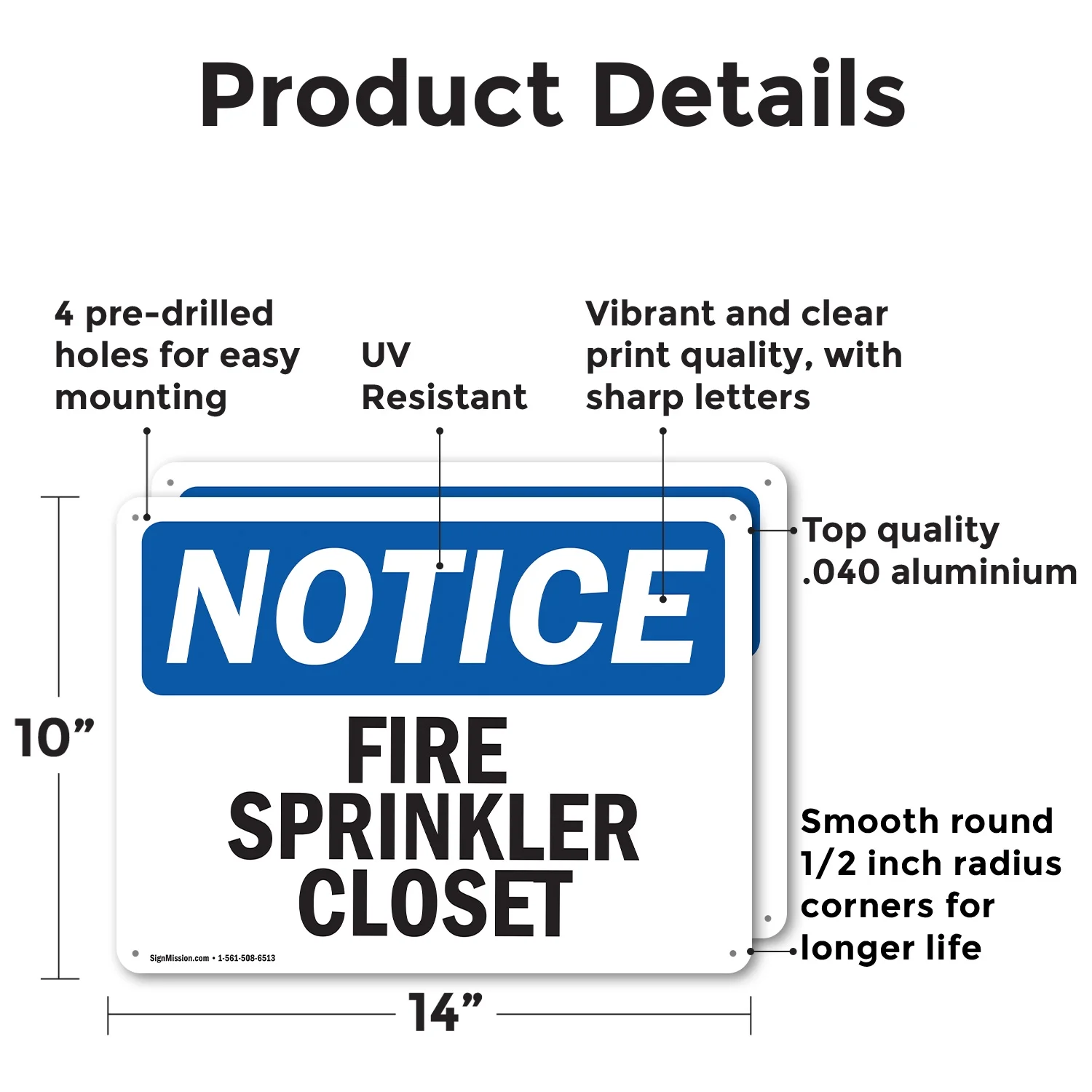 (2 Pack) Fire Sprinkler Closet OSHA Notice Sign 14 Inch X 10 Inch Indoor / Outdoor Rust-Free Aluminum Metal Signs for Workplace, Workshop, and Construction Site, Made in the USA