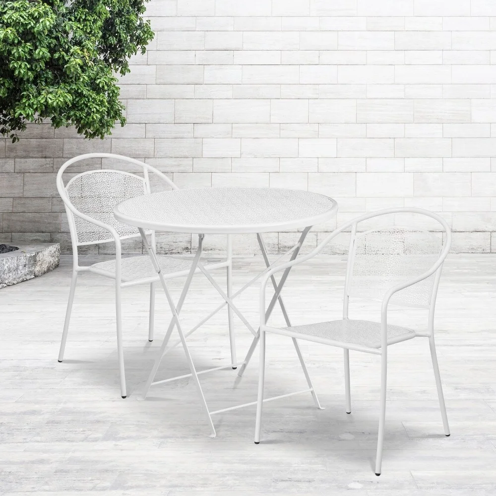 Flash Furniture 30'' Round Indoor-Outdoor Steel Folding Patio Table Set with 2 Round Back Chairs White