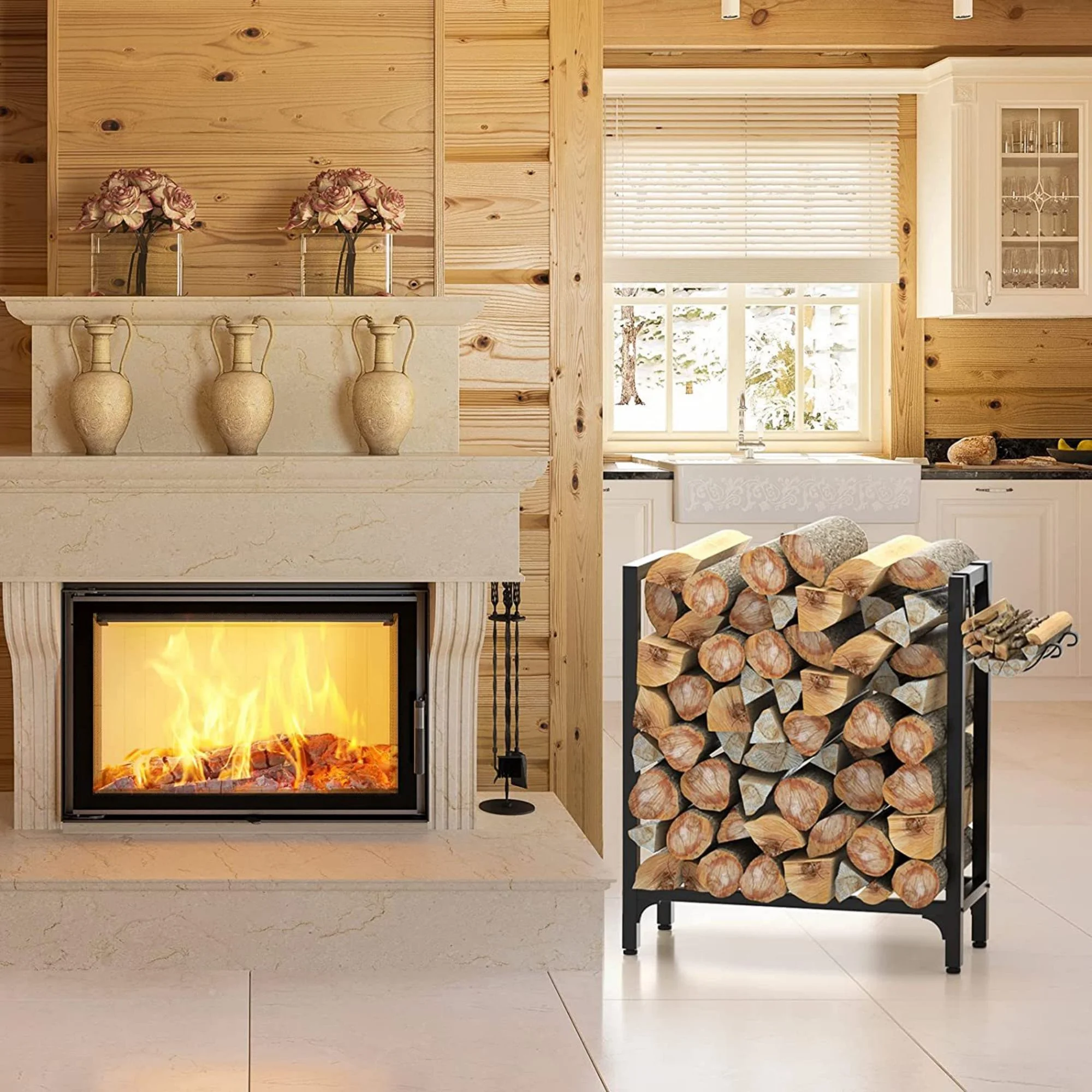 Cipaher Firewood Rack Indoor 24 Inch Firewood Holder Outdoor Heavy Duty Wood Rack Metal Fireplace Wood Holder with Firewood Carrier Kindling Holder