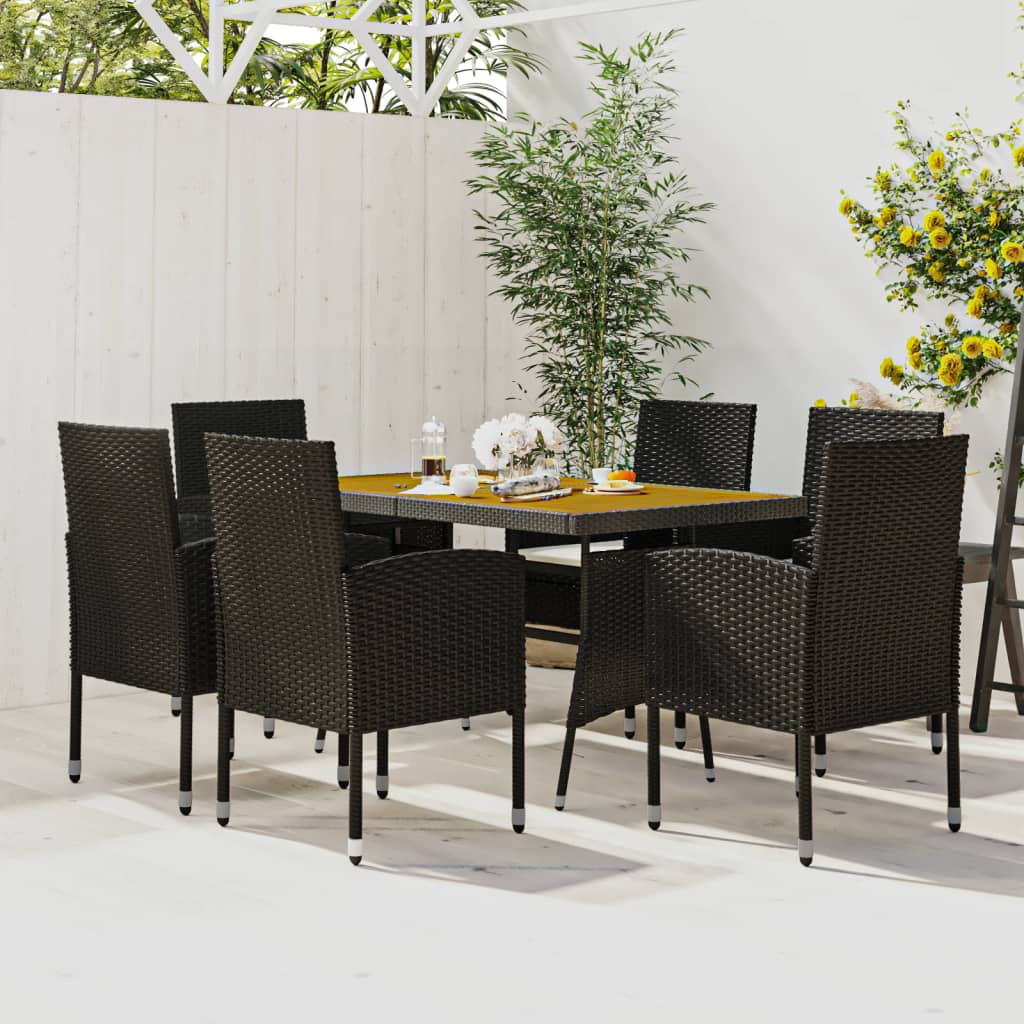 Outdoor Acacia Wood Table and Chairs 7 Piece Patio Dining Set with Soft Cushions Poly Rattan Patio Furniture for Deck, Backyard, Garden