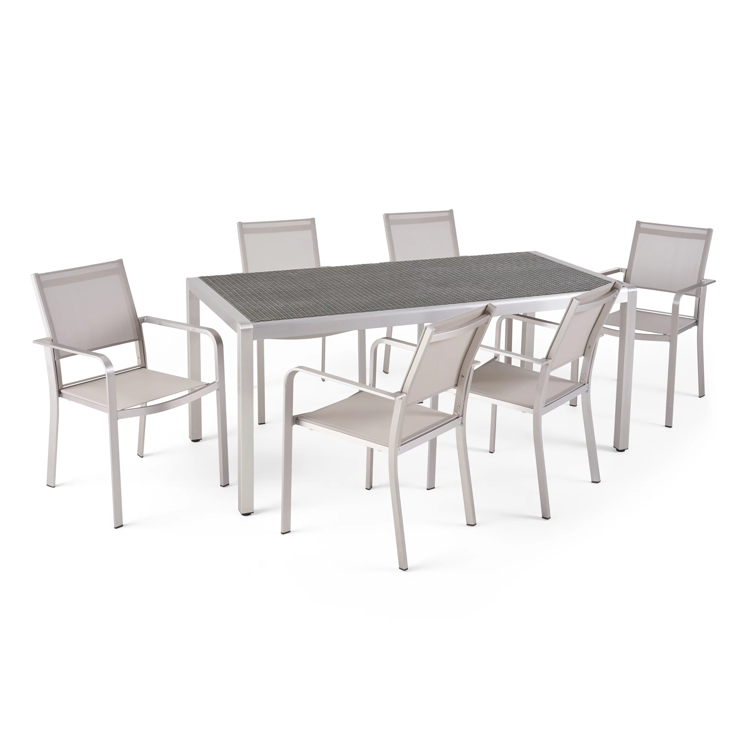 GDF Studio Tonti Outdoor Mesh and Aluminum 7 Piece Dining Set, Gray Wicker, Silver, and Taupe