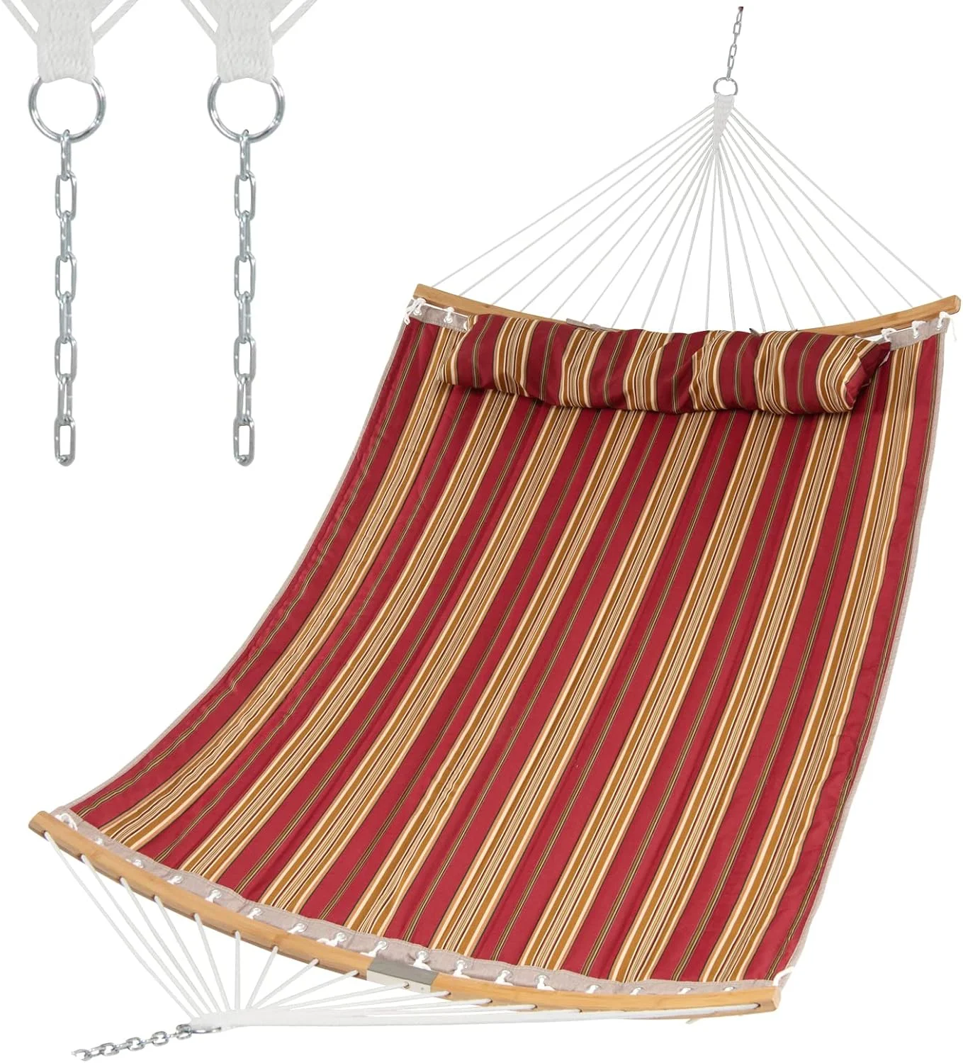 Hammock with Detachable Pillow Outdoor Hanging Chair, Patio Hammock w/Curved Bamboo Spreader Bar, Steel Chain, Hammock Swing for Backyard, Beach, Garden(Hammock Stand Not Included) (Red)