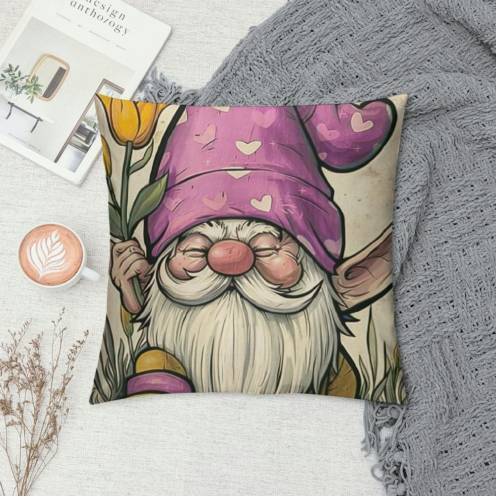 Creowell Happy Easter Bunny Gnome Decorative Throw Pillow Covers, Bless This Nest Rabbit Ears Eggs Porch Outdoor Home Decor, Carrot Tulip Flower Colorful Stripes Couch Cushion Case 12x12in