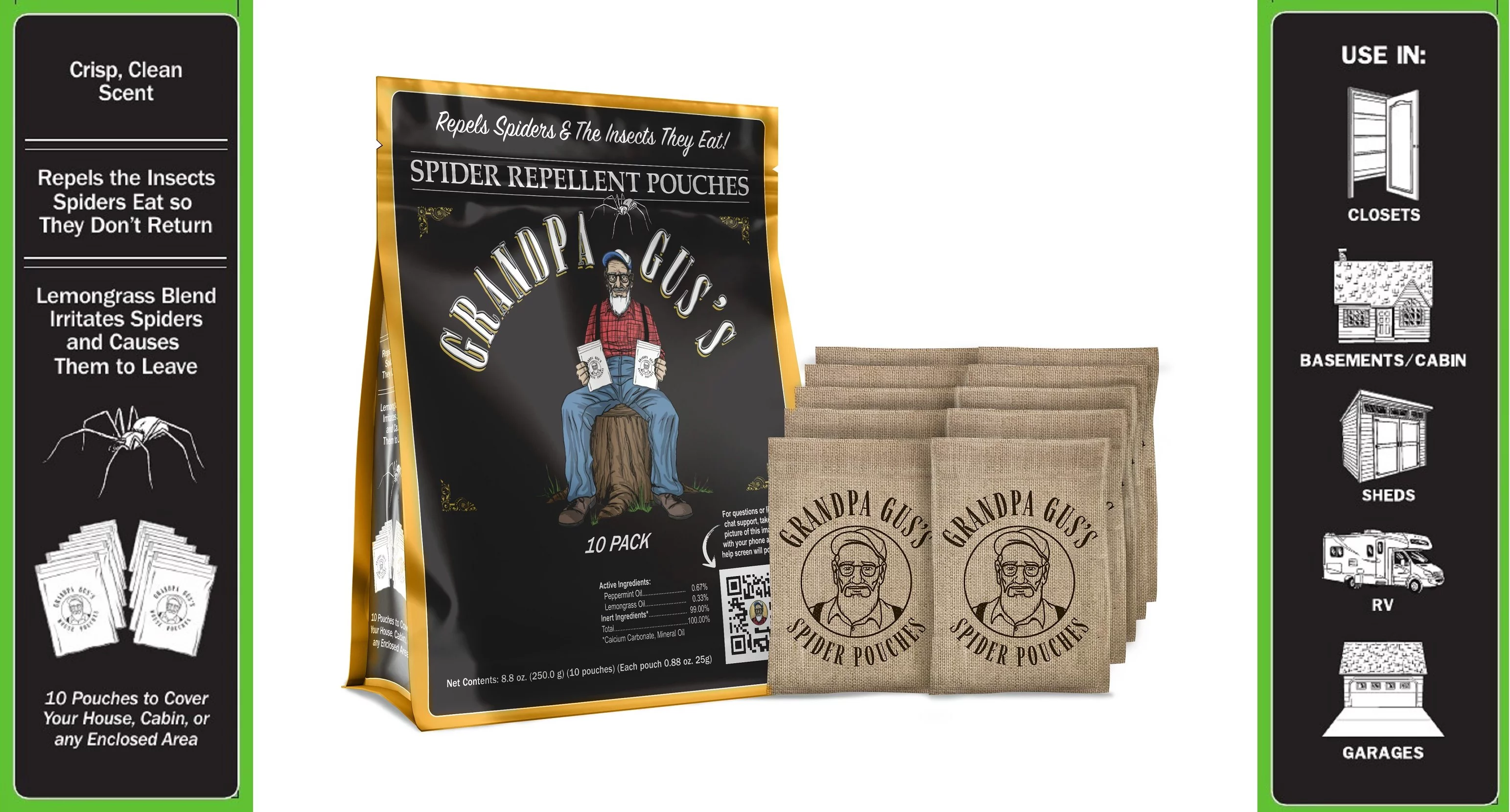 Grandpa Gus's Spider Repellent Pouches with Lemongrass & Peppermint Oils, Repels All Spiders and The Insects They Eat (Pack of 10)