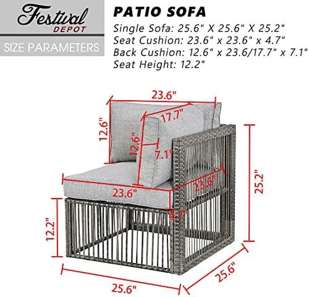 HYHBIBOOM Wicker Patio Single Sofa  Outdoor Corner Left-arm Chair  All-Weather Brown PE Rattan Chair Waterproof Sectional  for Balcony Garden Pool Lawn Backyard (Grey Thick Cushion)