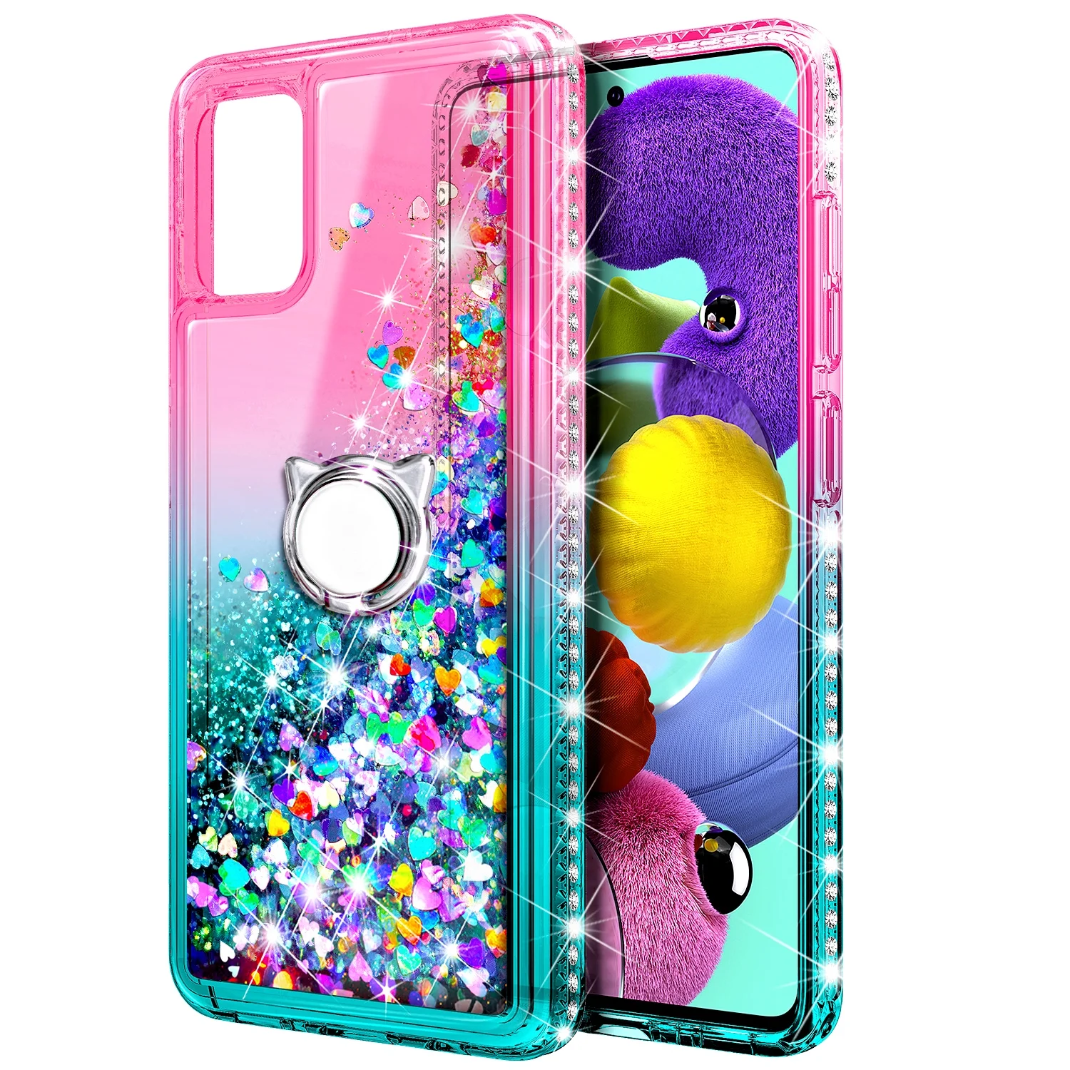 Compatible with Samsung Galaxy A71 5G Case with Tempered Glass Screen Protector, Ring Holder/Wrist Strap, Nagebee Glitter Liquid Floating Waterfall Cute Phone Cover (Pink/Aqua)