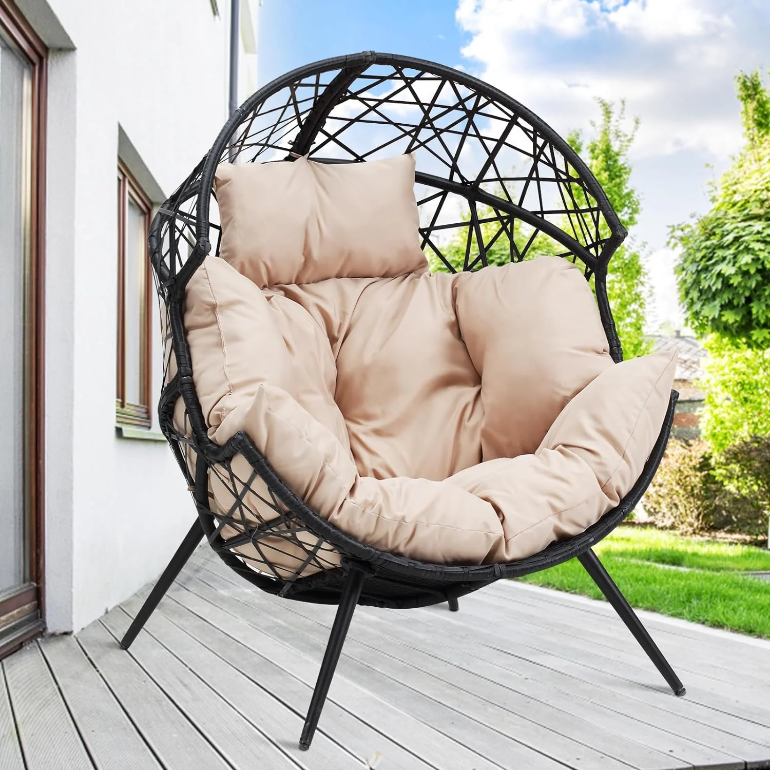 QYFZBIM Patio Wicker Egg Chair  Egg Basket Chair with Giant Cushion  Indoor Outdoor Patio Lounge Basket with Stand for Patio Backyard Porch Living Room  Beige