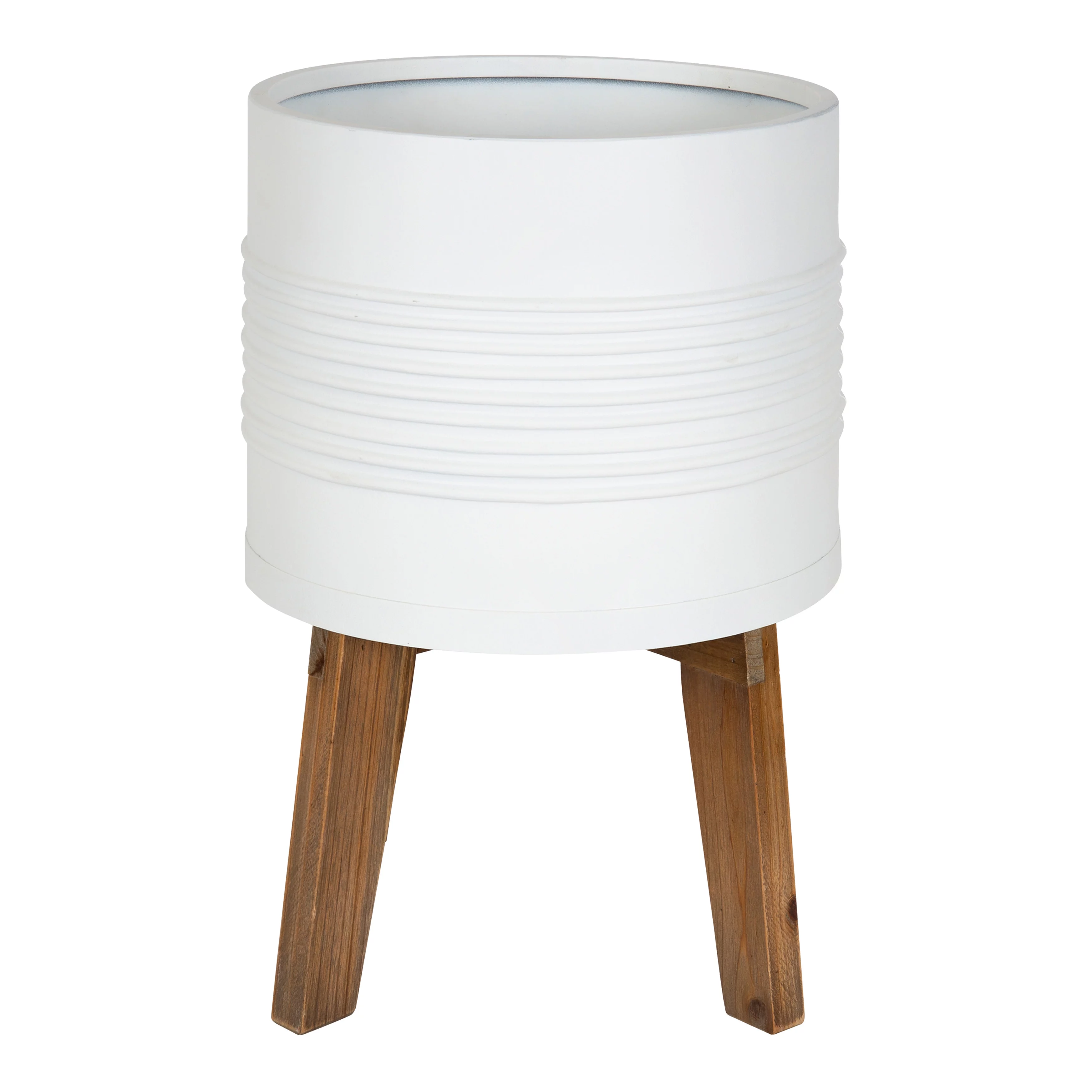 Kate and Laurel Gavri Farmhouse-Inspired Freestanding Metal Planter, White Metal Pot with Natural Rustic Wooden Legs