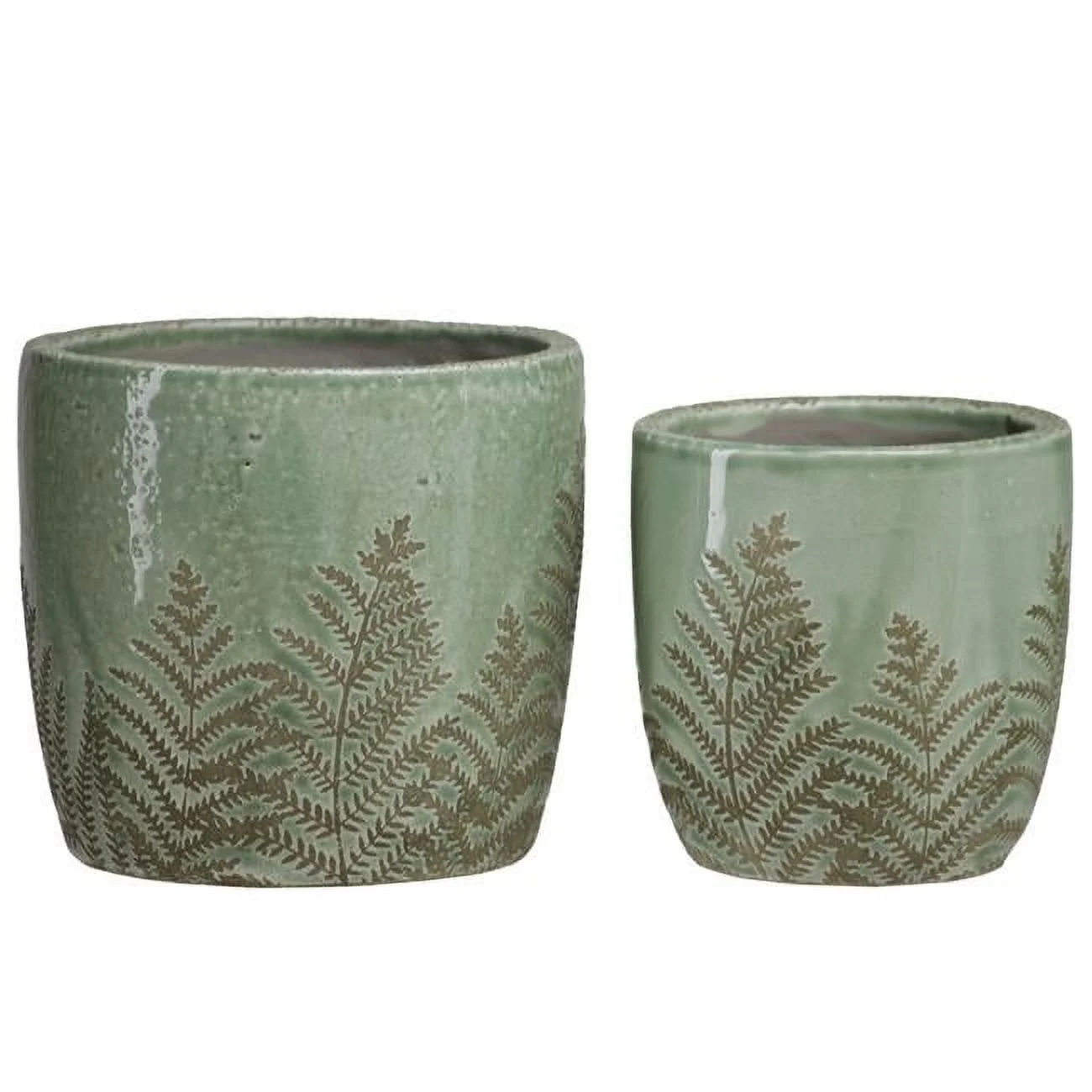 Terracotta Round Pot with Fern Leaf Body, Green - Set of 2