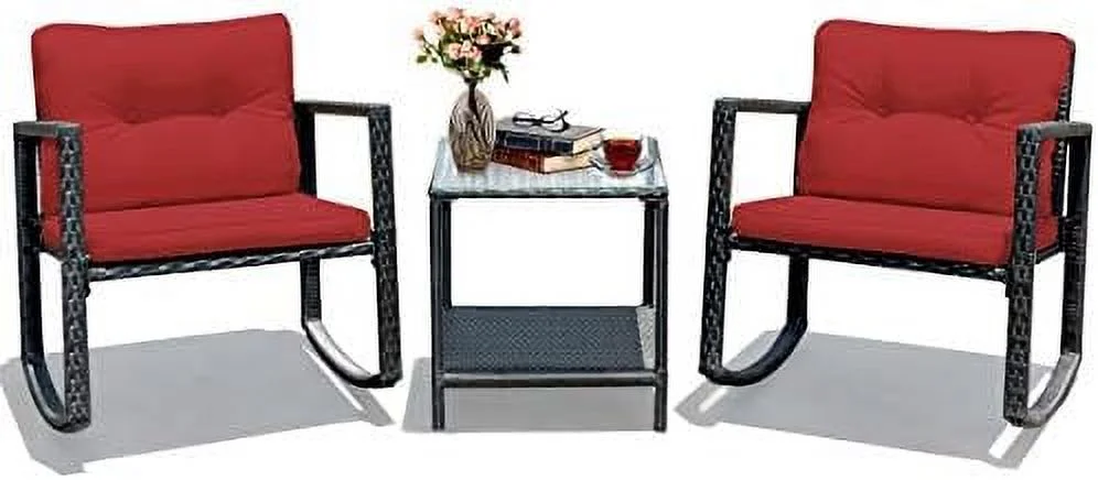 CGFHYP 3 Pieces Patio Wicker Rocking Set  Outdoor Rocking Chairs and Table Set with Cushions  Glass Coffee Table with    Suitable for Patio  Garden  Poolside  Balcony (Beige)