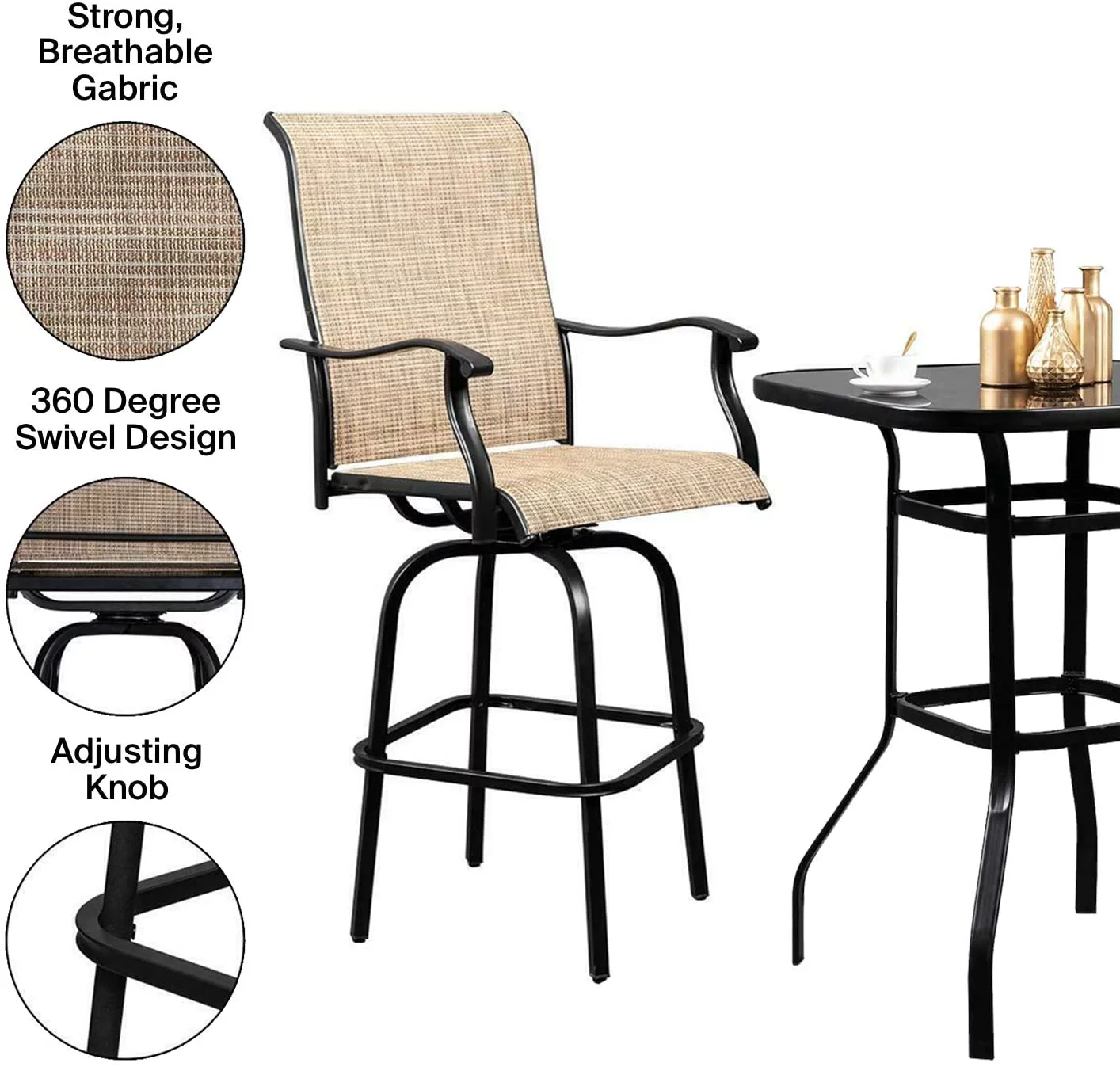 Nikias 3 Peice High Swivel Bar Set – 2 Sturdy Chair And a High Squire Glass Table