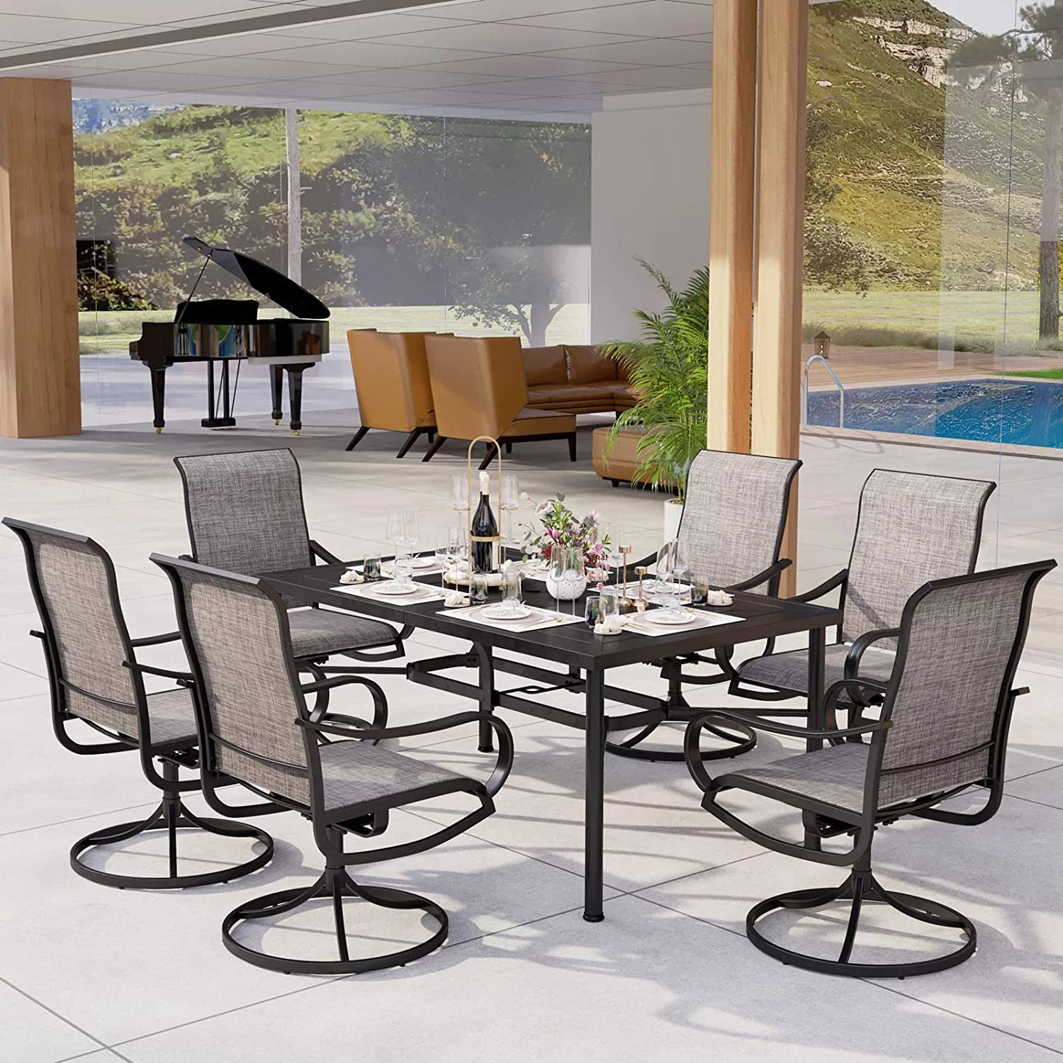 7 Pieces Patio Dining Set  Rectangular Black Metal Table with 6 Padded Textilene Fabric Swivel Chairs  Outdoor Furniture Set with Umbrella Hole for Garden  Poolside  Backyard  Porch