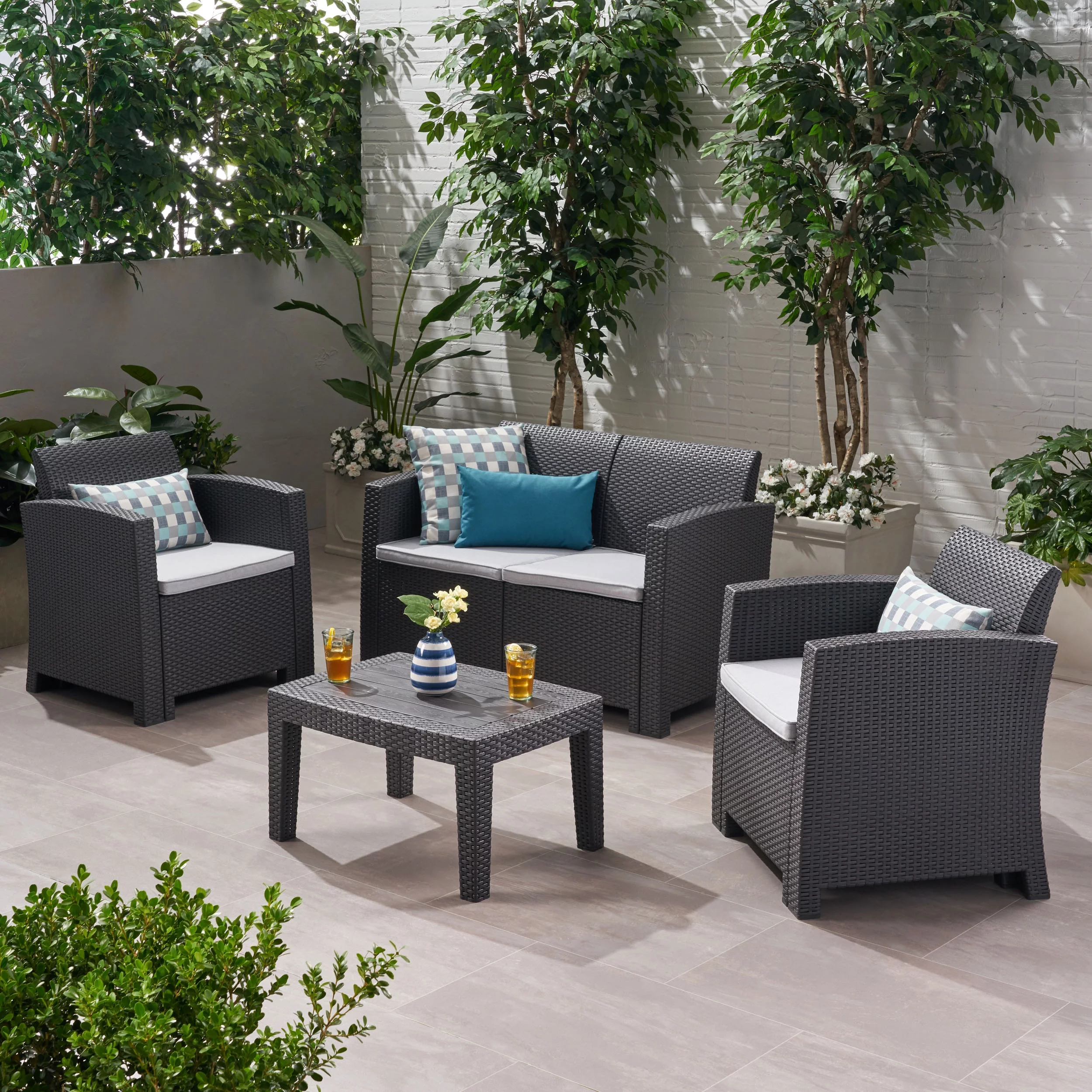 GDF Studio Beihoffer Outdoor Faux Wicker 4 Seater Chat Set with Cushions, Charcoal and Light Gray