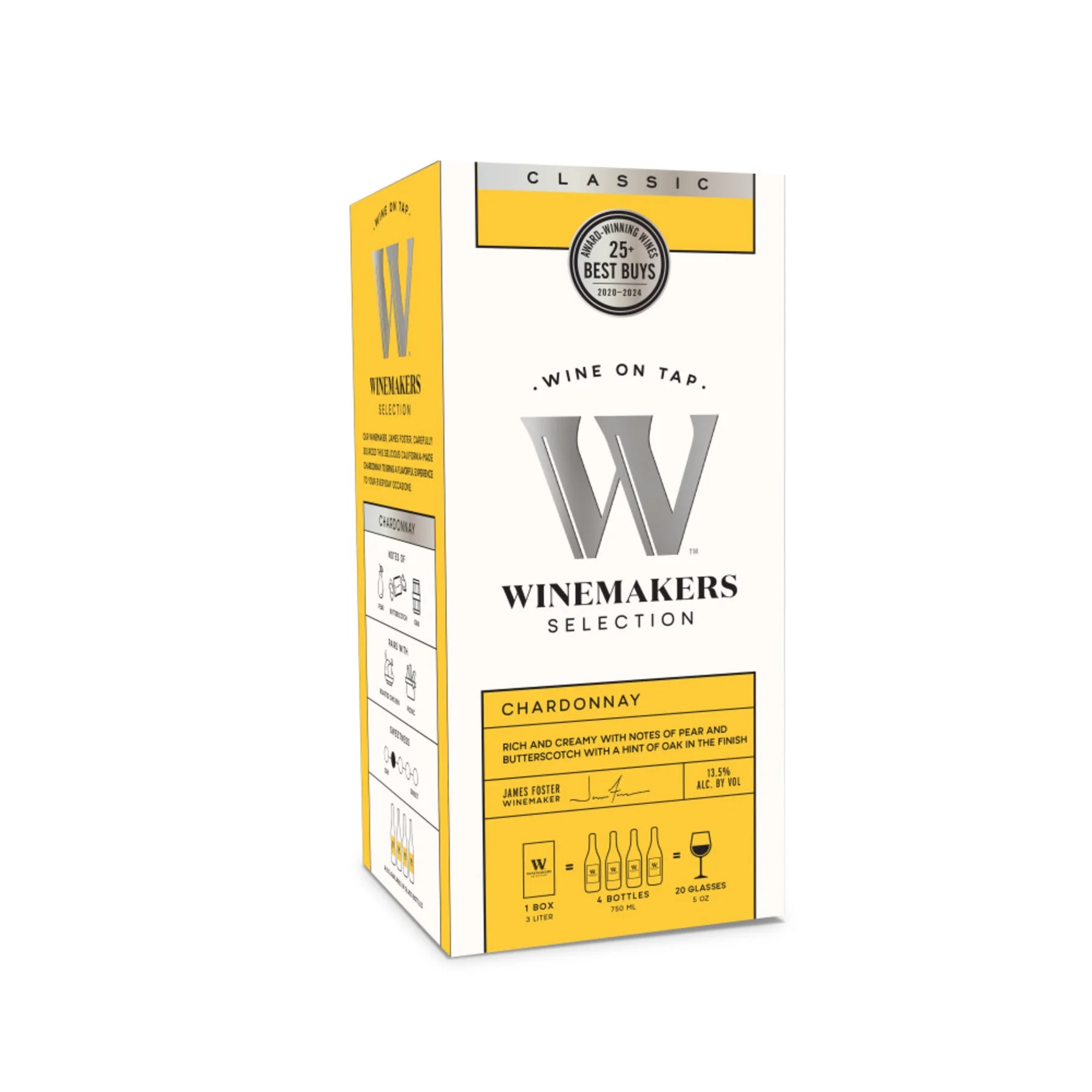 Winemakers Selection Classic Series Chardonnay California White Wine, 3 L Bag in Box, 14% ABV