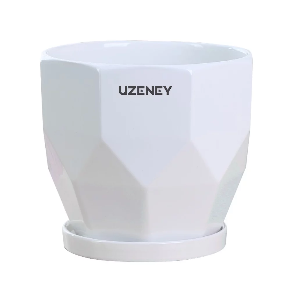 UZENEY Flower Pots, Ceramic Planters Modern Decorative Flower Pots with Drainage Hole and Connected Saucer