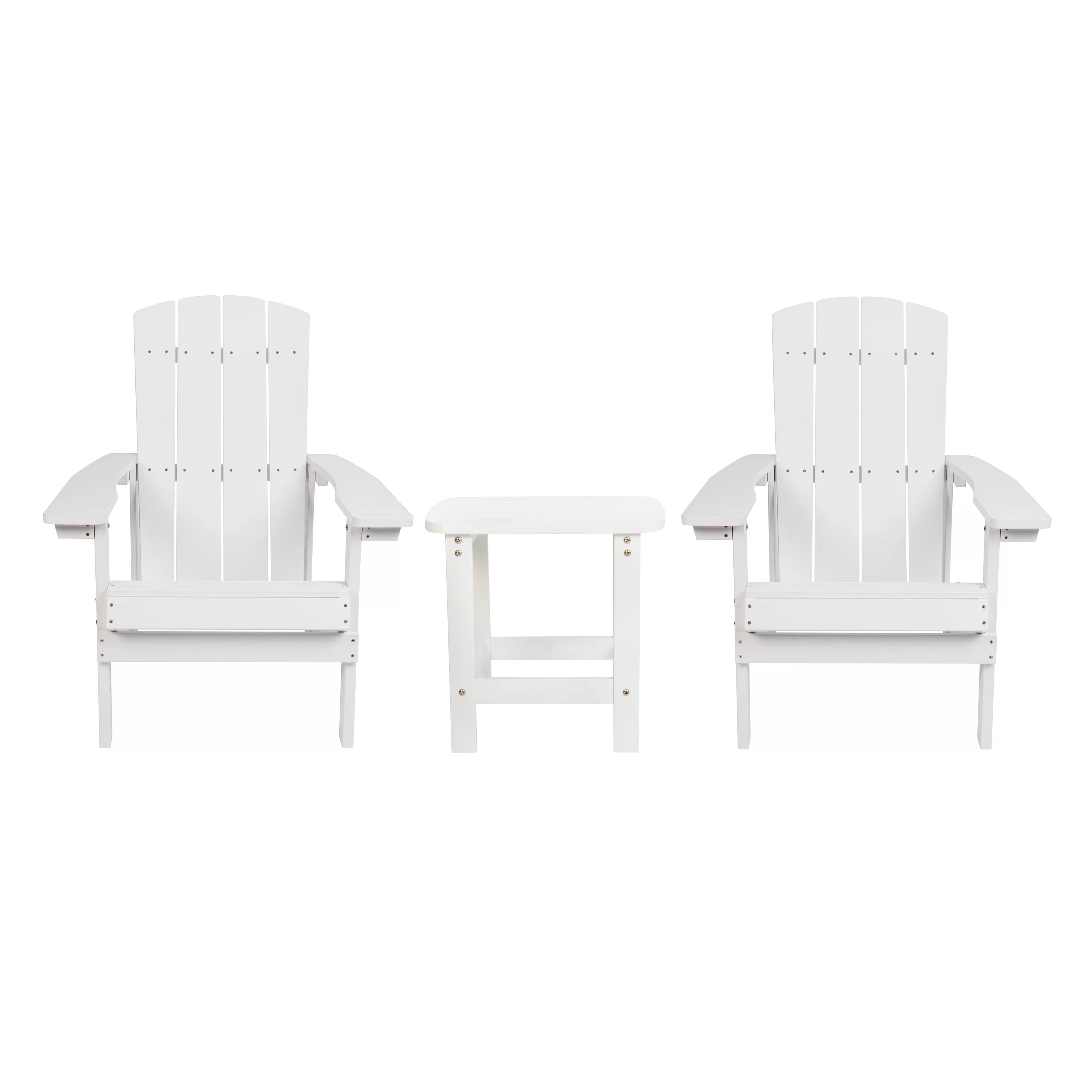 Emma + Oliver Three Piece Adirondack Style Conversation Set in White with Two Chairs and Matching Side Table for Indoor and Outdoor Use