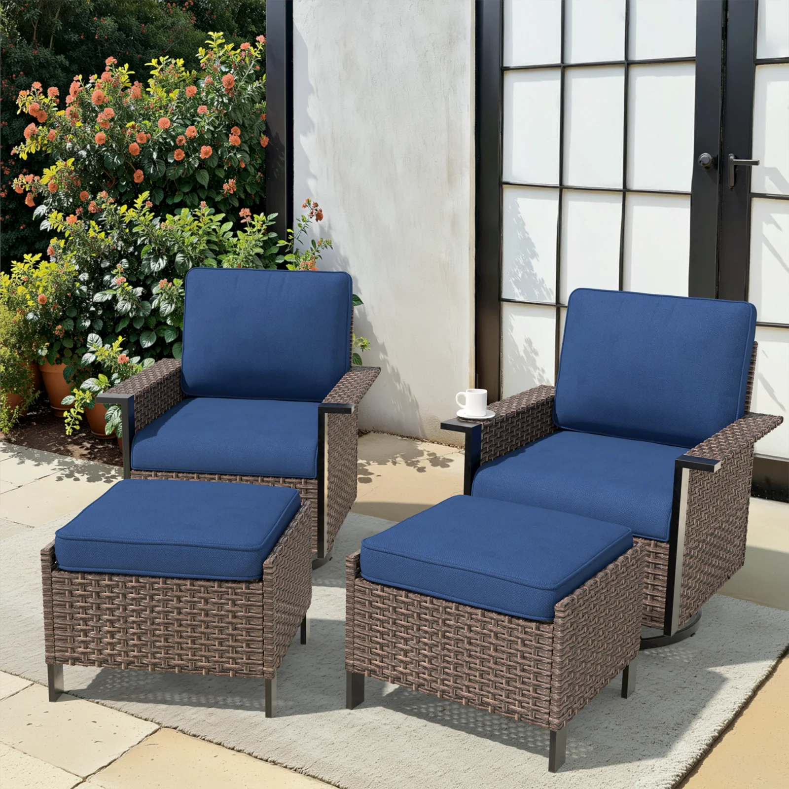 Buenhomino 4-Piece Patio Wicker Furniture Set with 2 Swivel Glider Rocking Chairs, 2 Ottomans, All-Weather Outdoor Rattan Bistro Set with Cushions for Garden, Deck, or Backyard