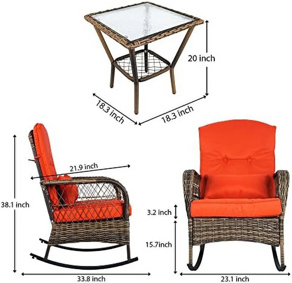 QYFZBIM 3-Piece Outdoor Rocking Chairs ， Wicker Patio  Modern Rattan Chair Conversation with Cushions & Glass Table for Garden Backyard  Bistro(Grey)