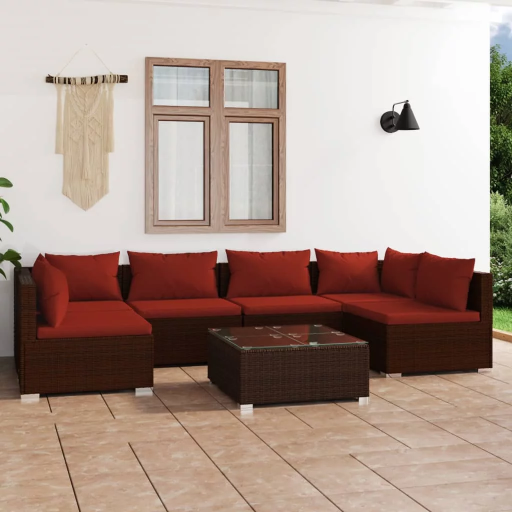 Anself 7 Piece Patio Set with Cushions Poly Rattan Brown
