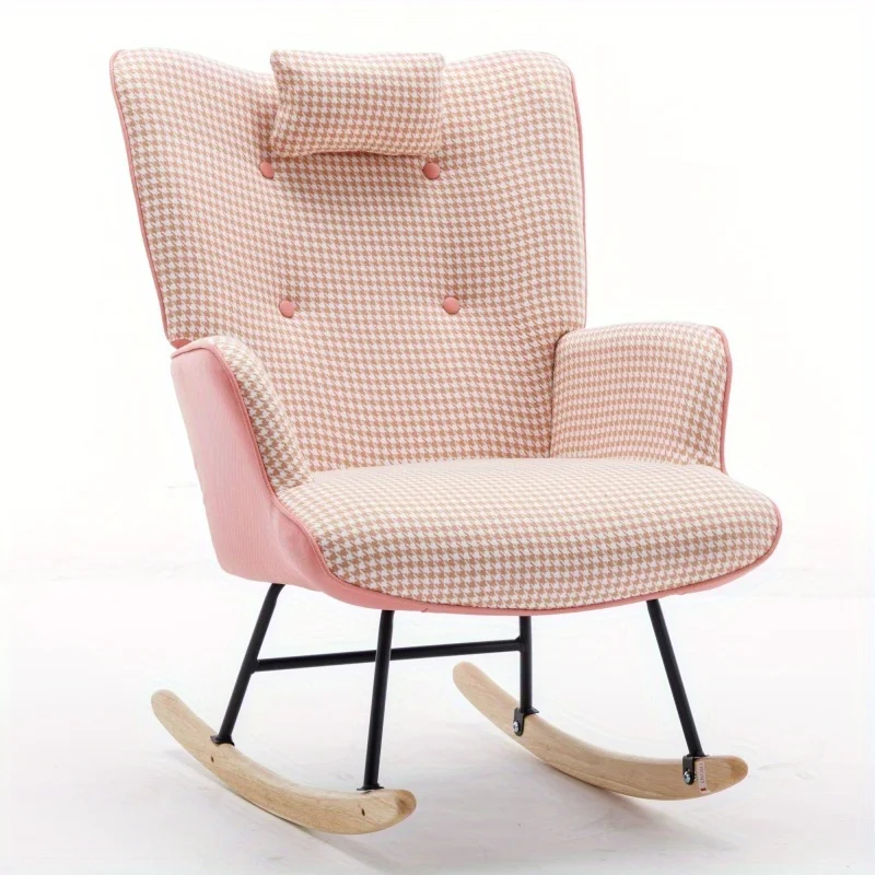35.5 inch Rocking Chair, Soft Houndstooth Fabric Leather Fabric Rocking Chair for Nursery, Comfy Wingback Glider Rocker with Safe Solid Wood Base for Living Room Bedroom Balcony (Pink)