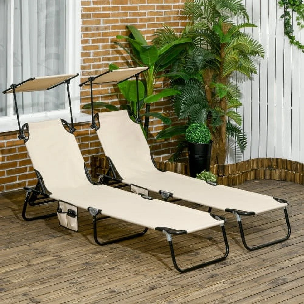SQEWRED Folding Chaise Lounge Pool Chairs  Outdoor Sun Tanning Chairs with Canopy Shade  Reclining Back  Steel Frame and Side Pocket for Beach  Yard  Patio  Tan