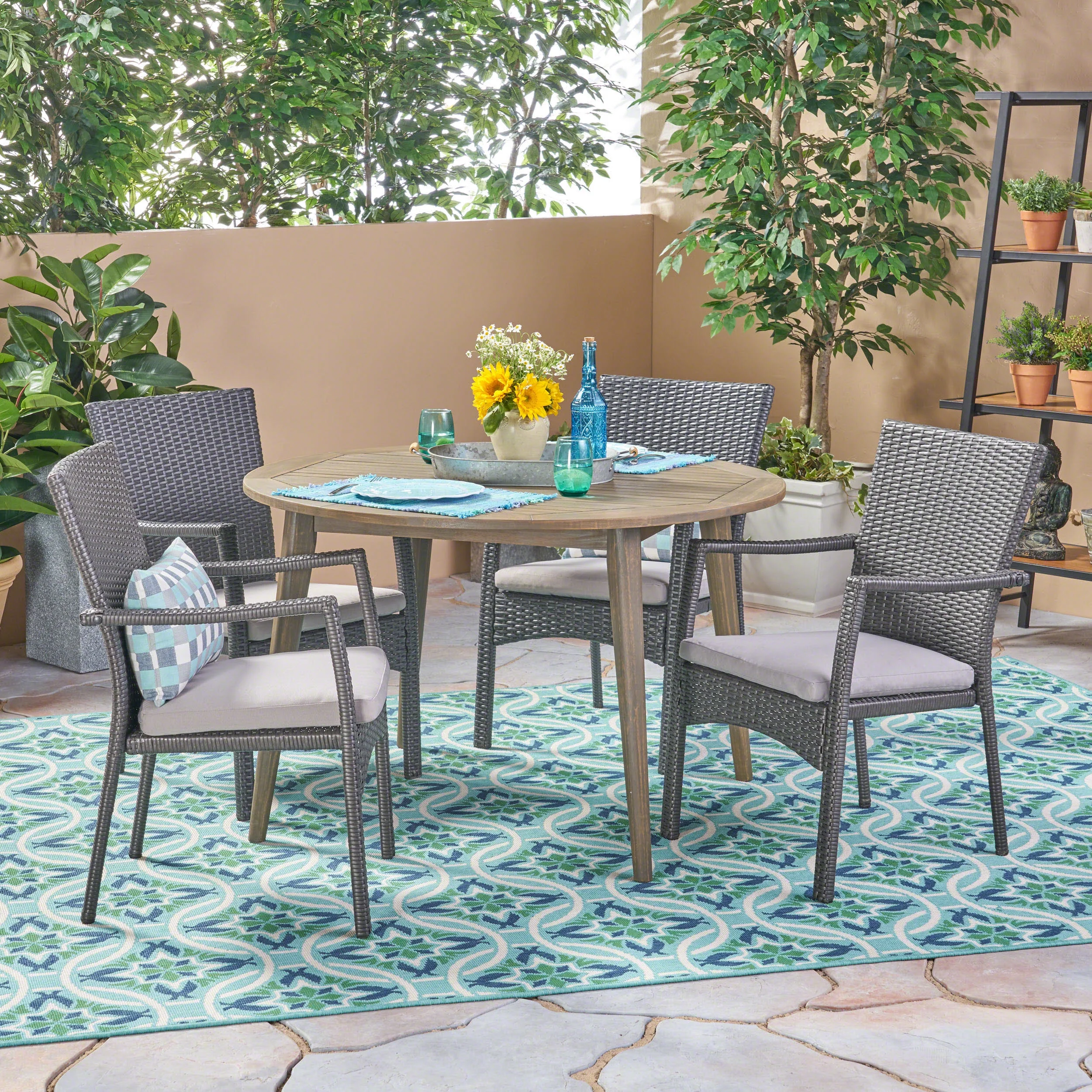 Noble House Haley 5 Piece Wooden Round Patio Dining Set in Gray