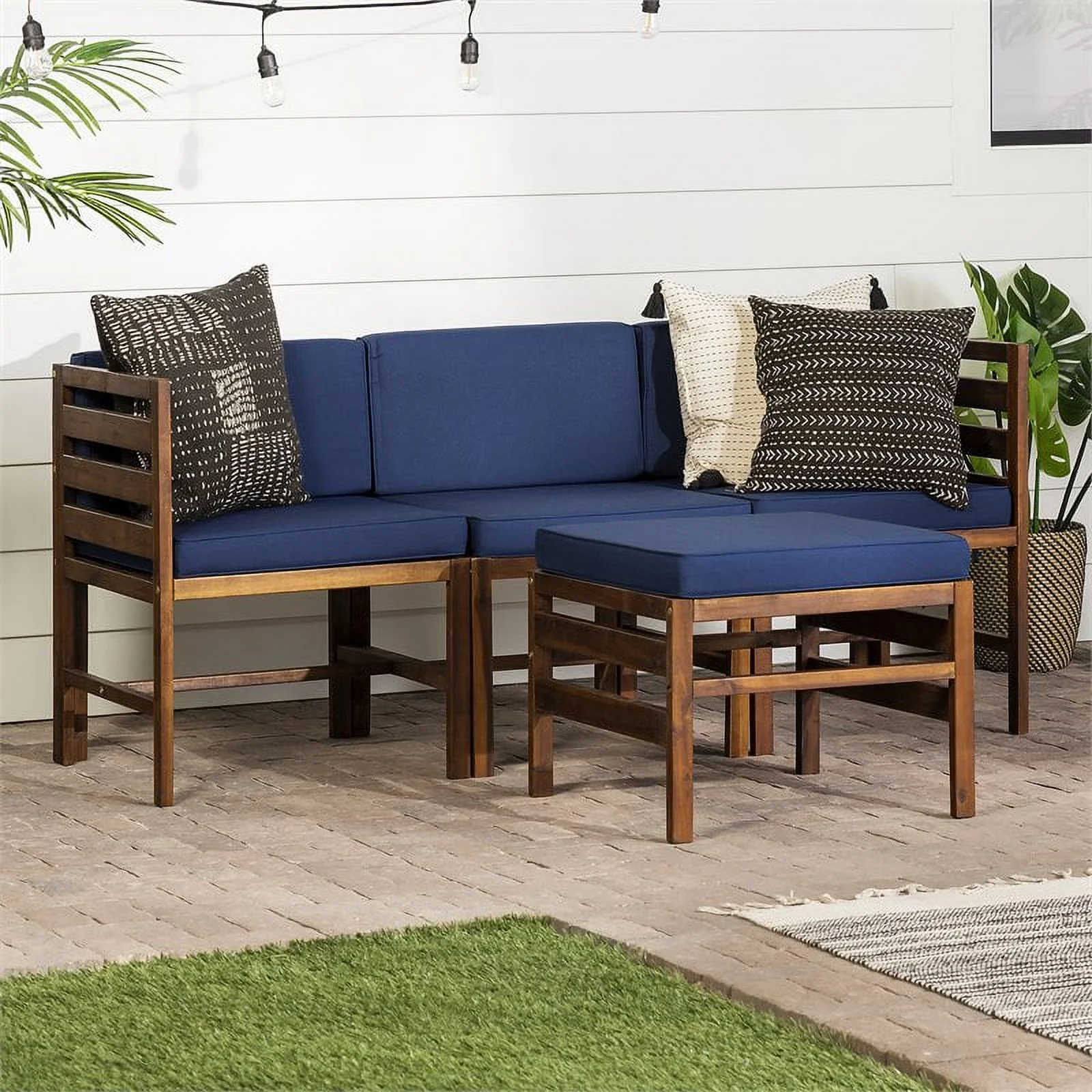 Sanibel 4 Piece Modular Acacia Set with Ottoman in Dark Brown/Navy Blue