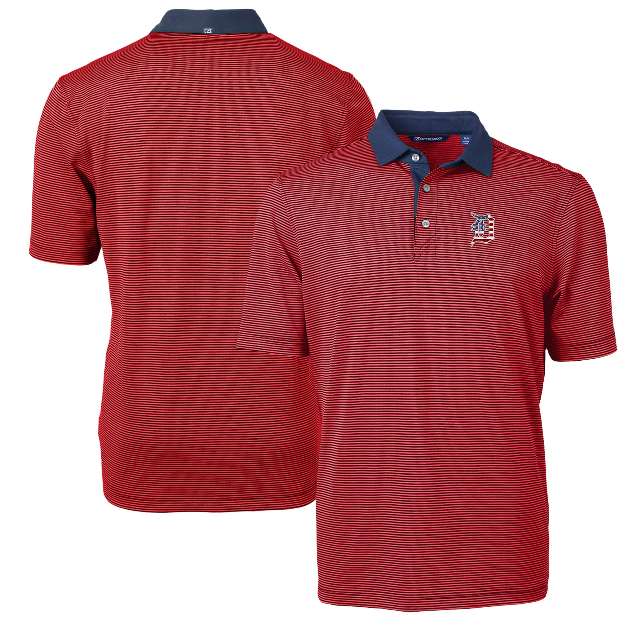 Men's Cutter & Buck  Red Detroit Tigers Americana Logo Virtue Eco Pique Stripe Recycled Polo
