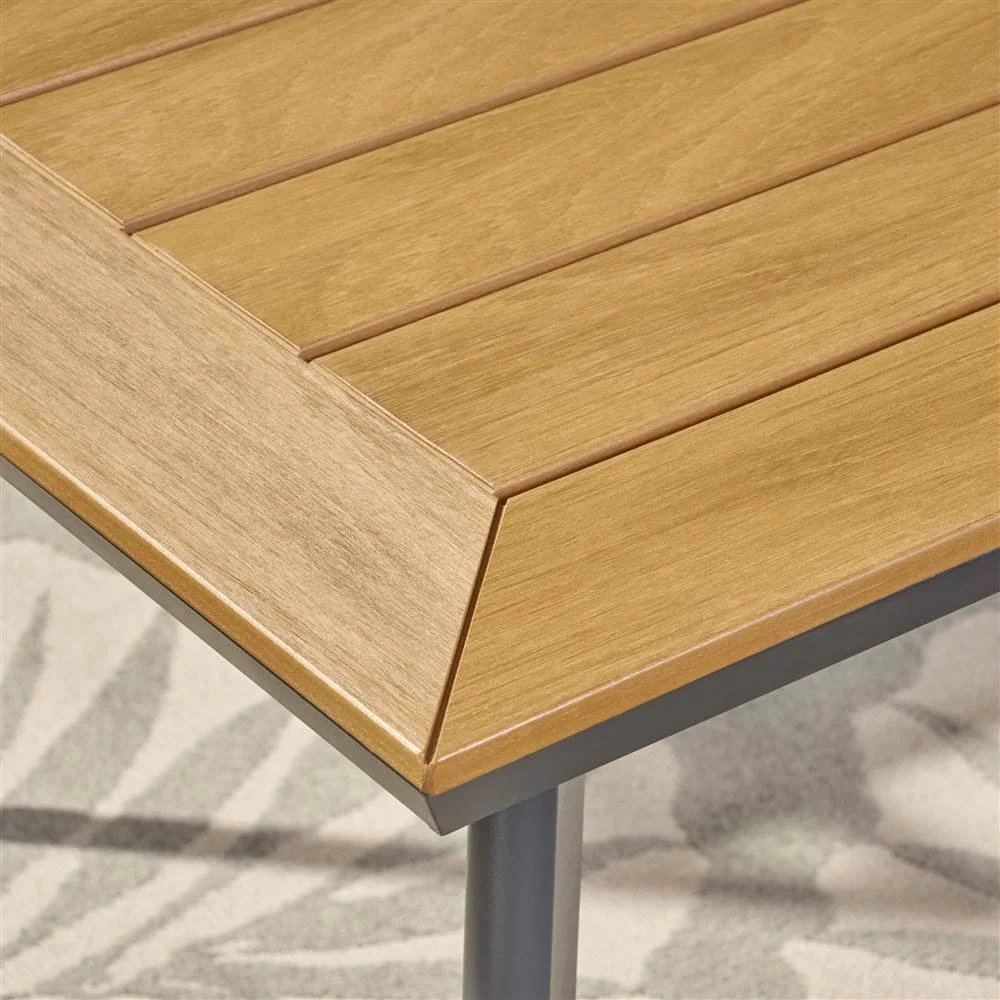 Harper Outdoor 7 Piece Aluminum and Mesh Dining Set with Faux Wood Top, Natural, Gray, Gray