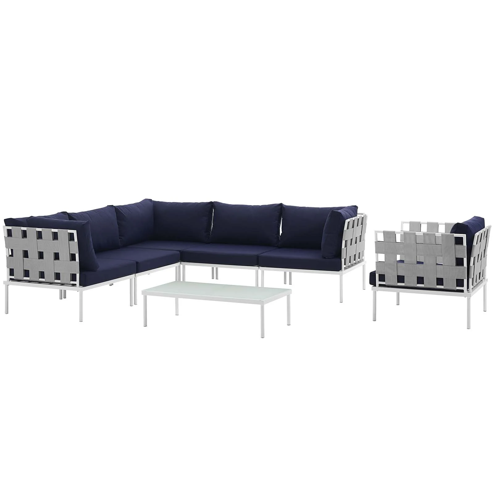 Modern Contemporary Urban Design Outdoor Patio Balcony Seven PCS Sectional Sofa Set, Navy Blue White, Rattan