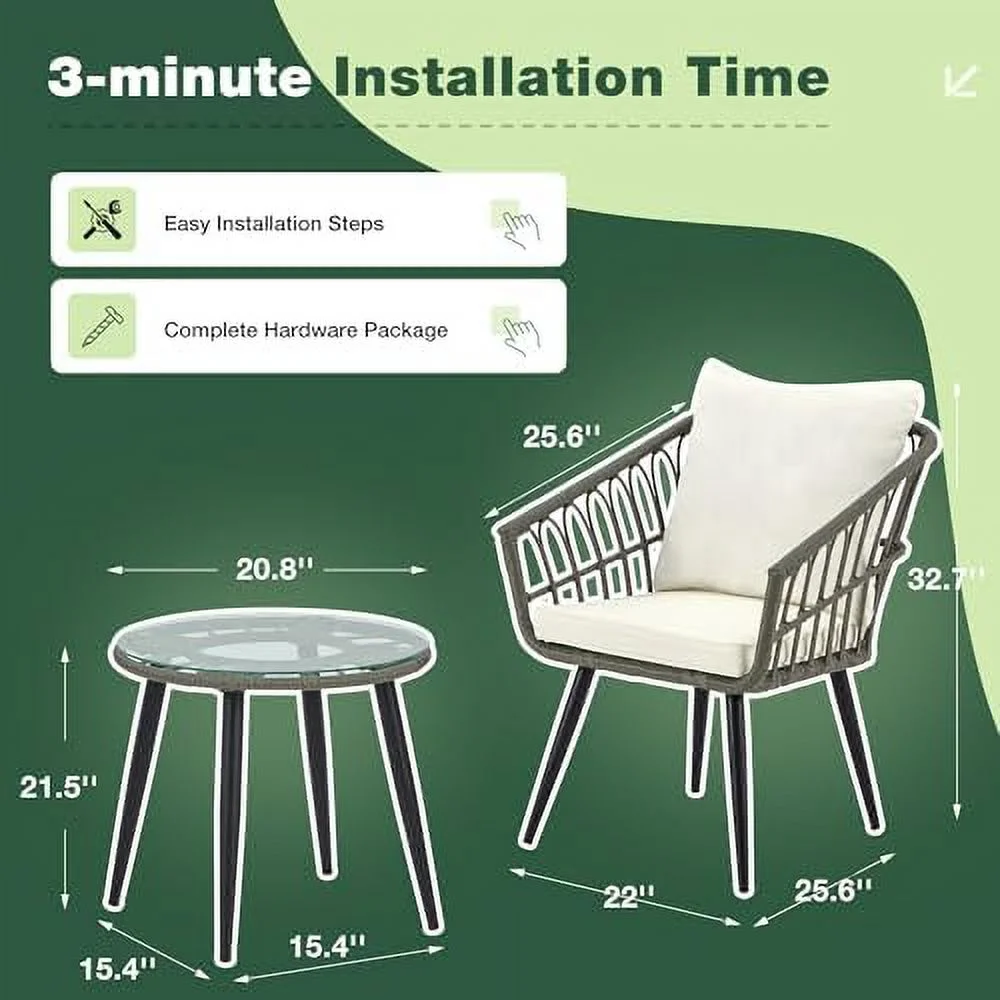 HYHBIBOOM 3 Pieces Wicker   Patio Rattan Dining Set with Glass Top Table and Cushions  Outdoor Conversation  Set for Porch  Backyard and Garden (Grey)